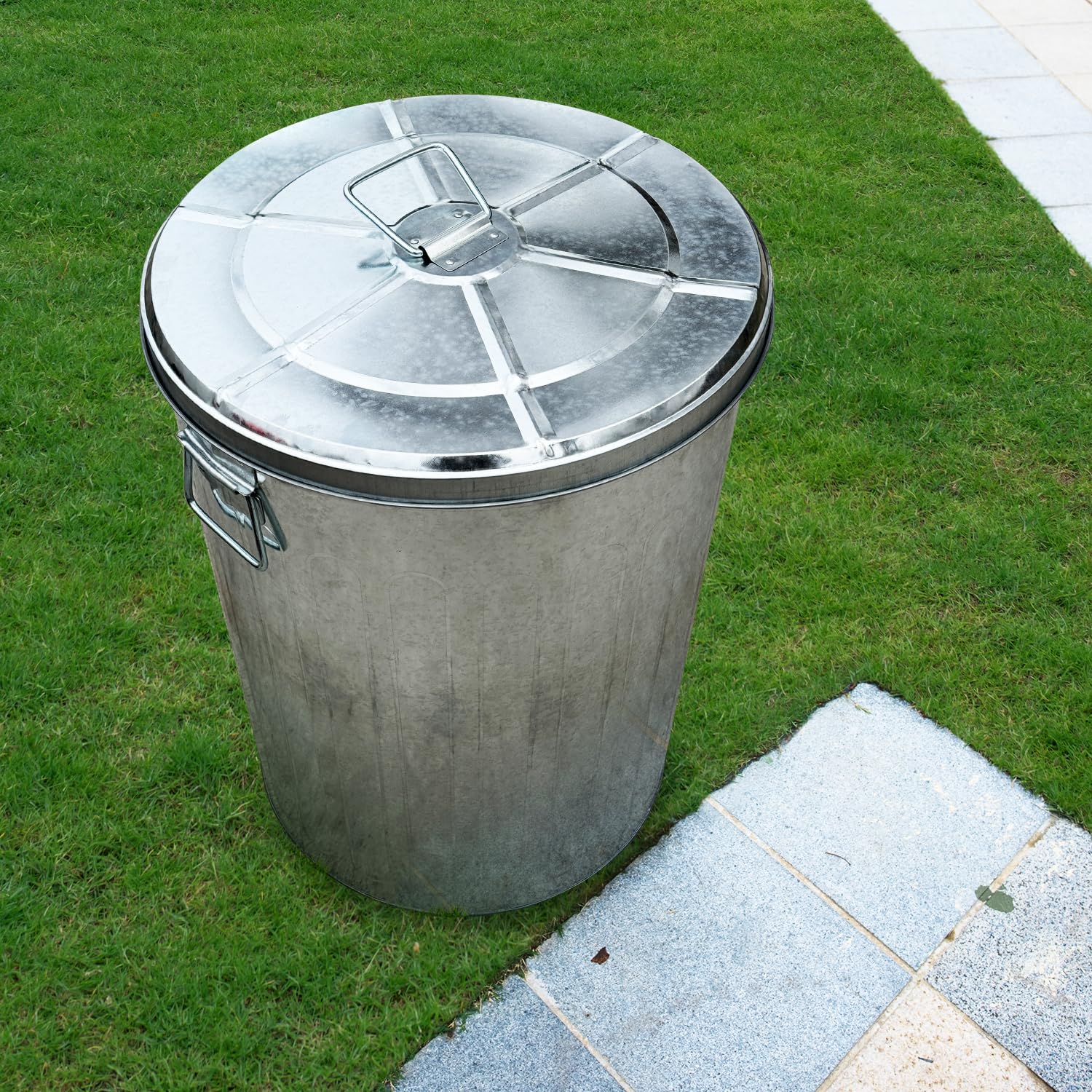 Plexon 20 Gallon Outdoor Metal Trash Can with Lid - Durable Galvanized Steel Garbage Bin for Patio, Yard & Garden Waste Disposal