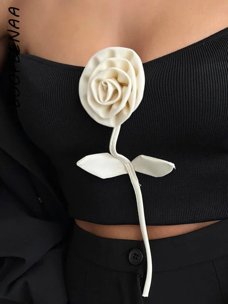 Y2K Black Ribbed Strapless Backless Crop Top with 3D Floral Applique - Summer Fashion for Women | Perfect for Music Festivals, Beach Outings & Night Parties