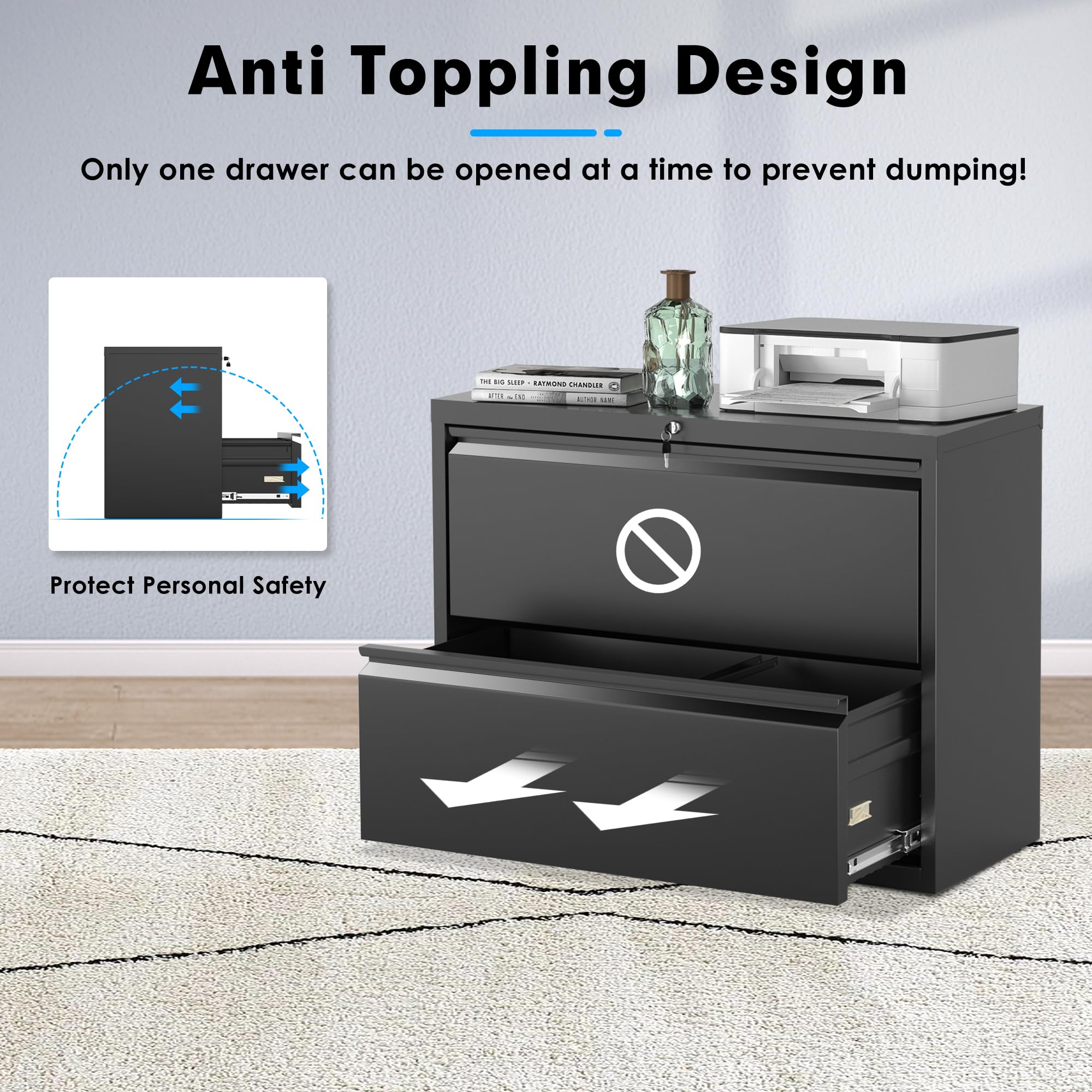 Pataku 2-Drawer Lateral File Cabinet with Lock - Black Metal Filing Cabinet for Home Office, Organize Hanging Files, Letters, Legal, F4 & A4 Documents - Perfect for Office Storage & Home Workspace Organization