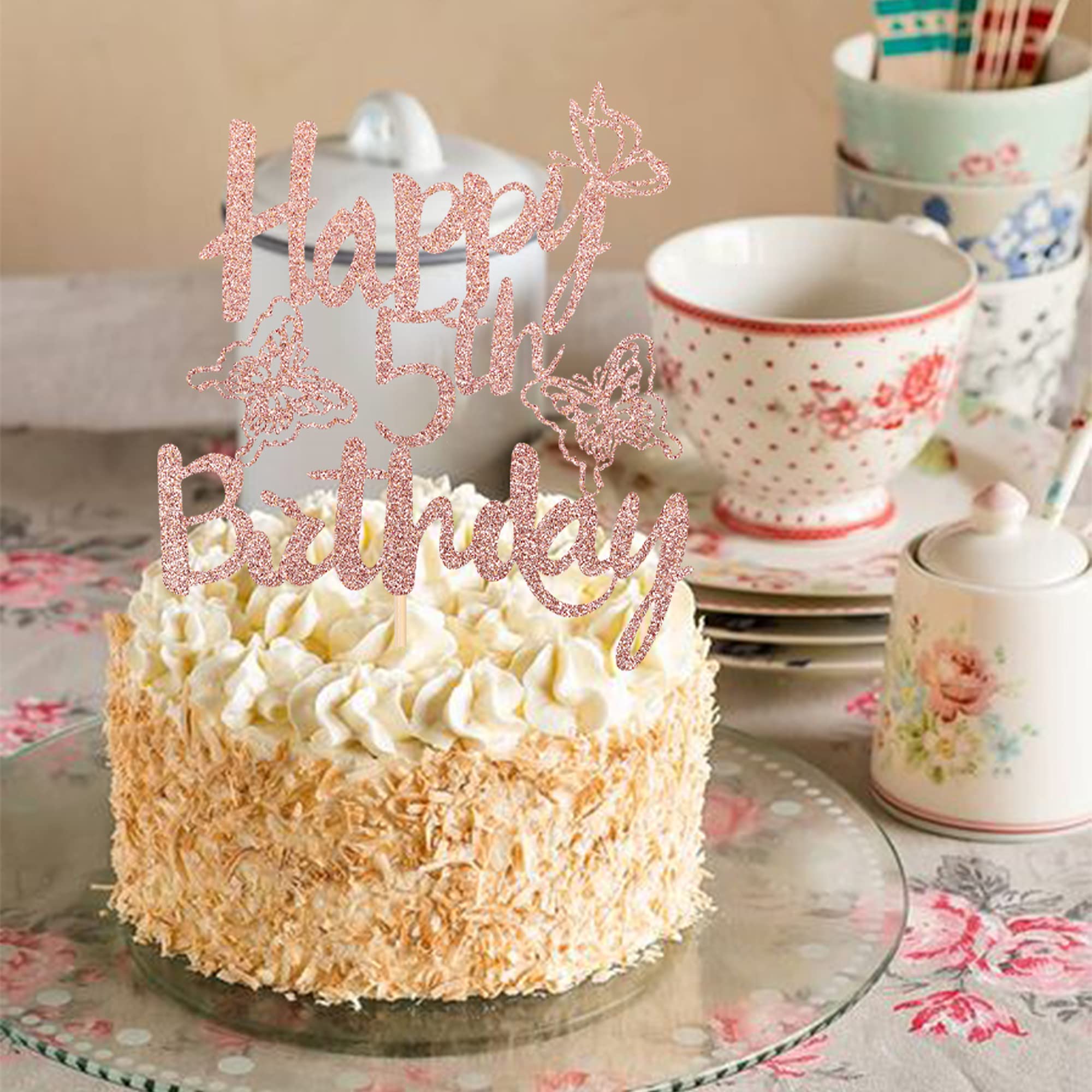 1 PCS Happy 5th Birthday Cake Topper with Glitter Butterfly - Cheers to 5 Years Old Rose Gold Cake Decoration for Anniversary Party Supplies | Perfect for Kids Birthday Cakes, Cupcakes & Celebration Desserts