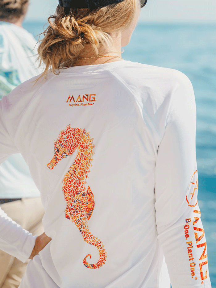 MANG WP1263LS Women's Long Sleeve Performance T-Shirt - Moisture Wicking Athletic Top for Running, Yoga & Workouts - White Seahorse Print Design