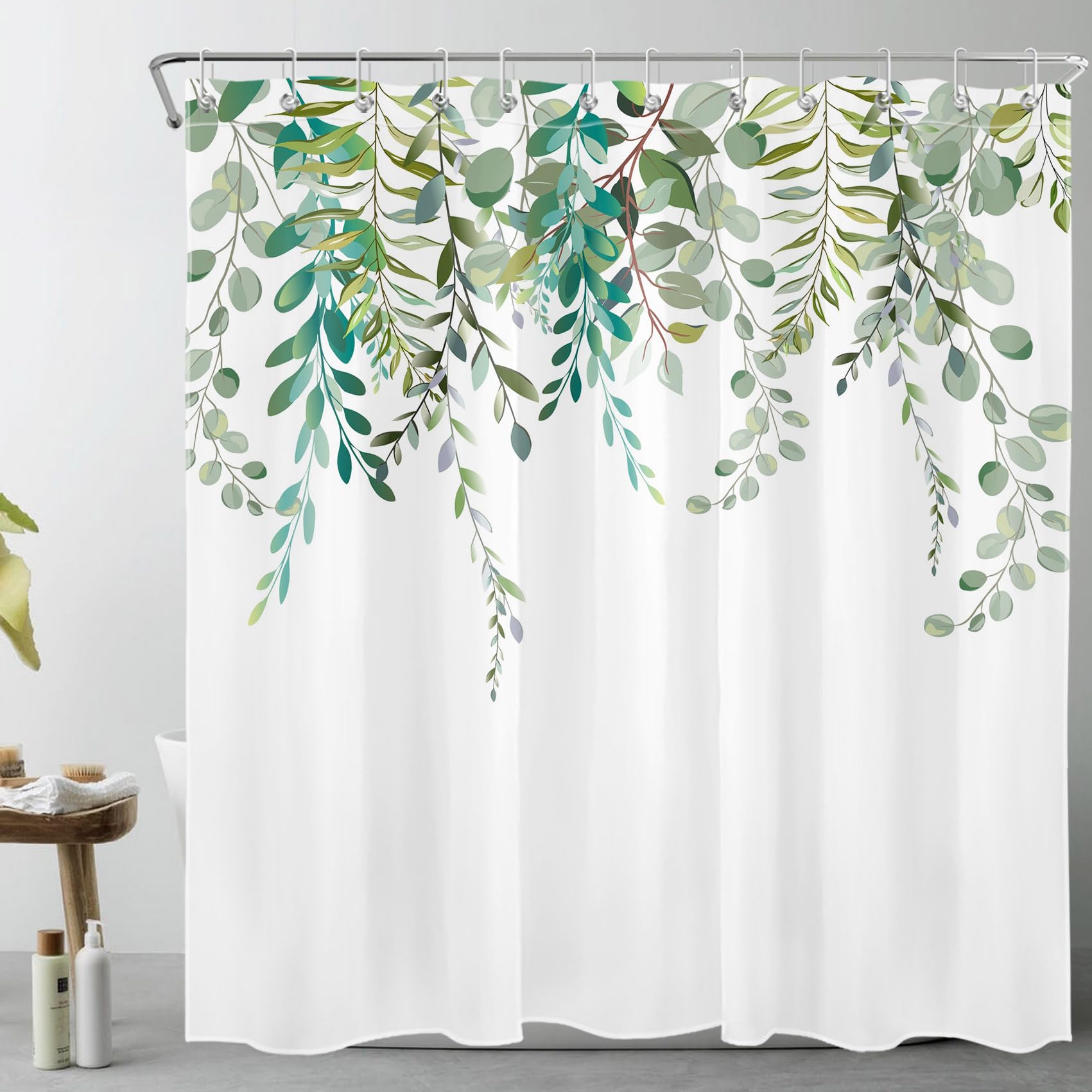 LB Watercolor Green Eucalyptus Leaves Shower Curtain - Boho Botanical Floral Design with Branch Bouquet Pattern - 72x72 Inch Polyester Fabric Set Includes 12 Hooks - Perfect for Bathroom Decor, Spa Retreat, and Boho Chic Home Aesthetics