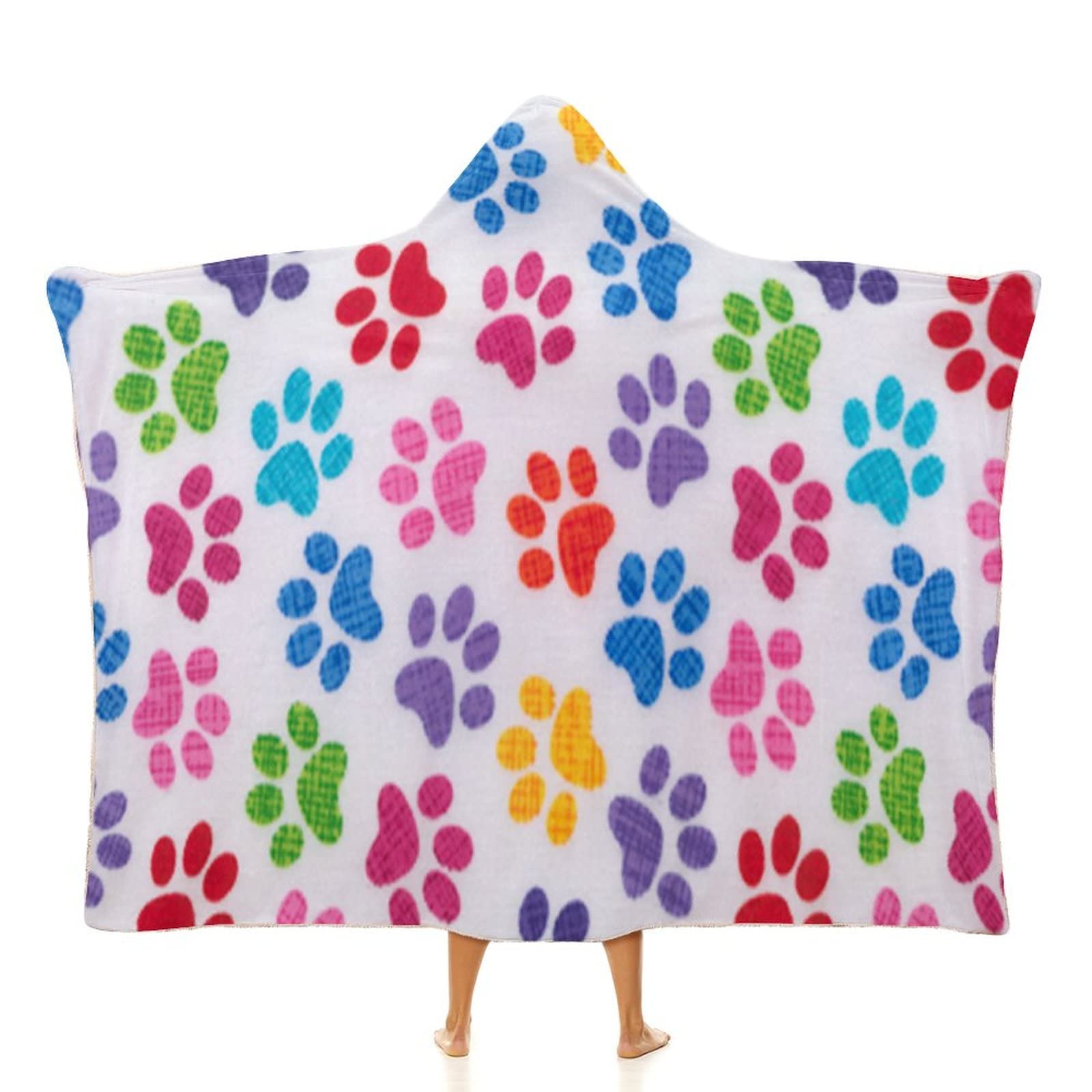 Multi-Colored Rainbow Dog Paw Print Fabric - Soft Warm Wearable Hooded Blanket Robe for Bed, Sofa & Outdoor Use - Cozy Throw Cloak Wrap for Pets & Home Decor