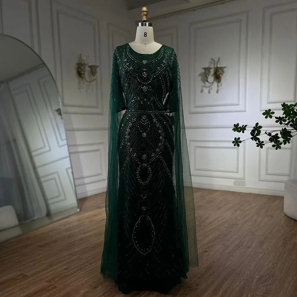 Elegant Dubai Arabic Green Mermaid Evening Dress with Beaded Cape Sleeves - Women's Luxury Party Gown for Special Occasions & Red Carpet Events - LA72562