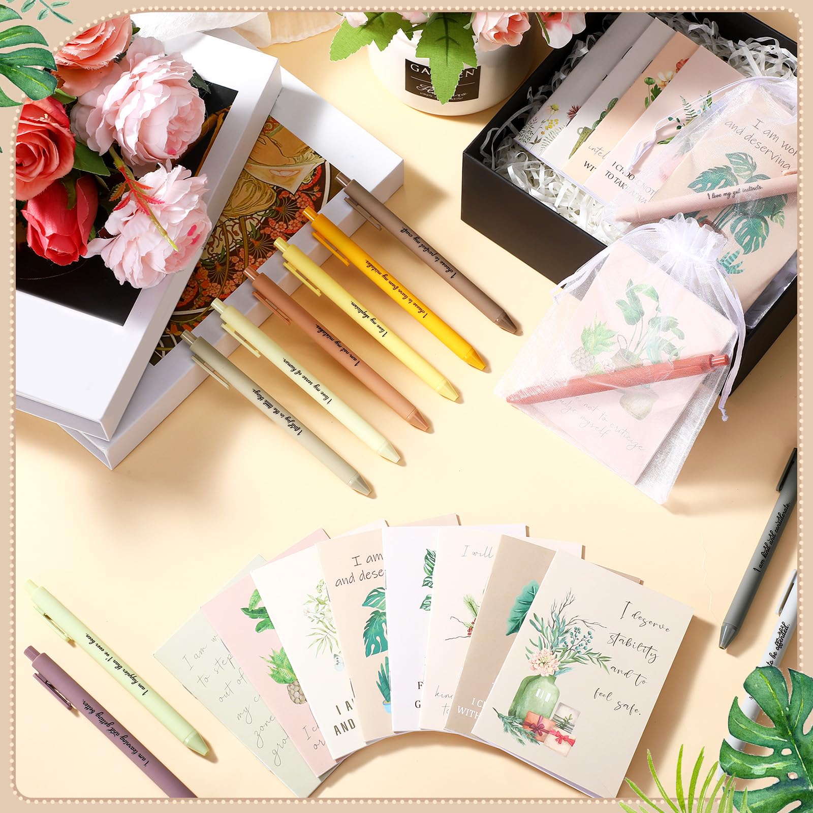 48 Pcs Positive Affirmation Gift Set - Gratitude Notebooks with Pens, Motivational Notepads & Small Bags - Daily Affirmations Journal for Women - Stress Relief & Self Care Gift (Flower Design) - Perfect for Meditation, Yoga, Therapy & Personal Growth