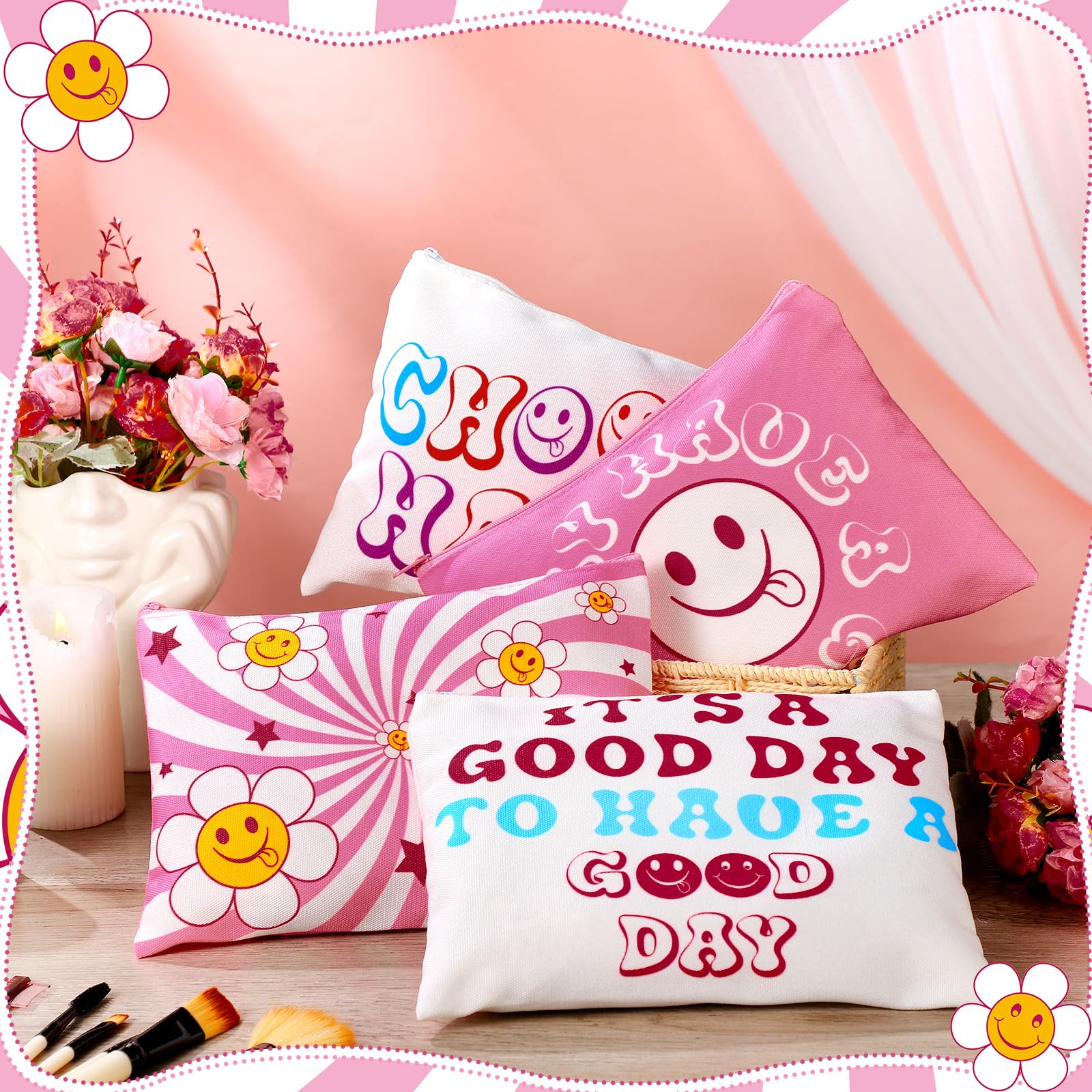 12 Pcs Preppy Makeup Bags with Zipper - Pink Cute Smile Face Cosmetic Pouches for Women | Leopard Print Travel Toiletry Bags | Perfect for Birthday Party Favors, School Supplies & Vacation Accessories
