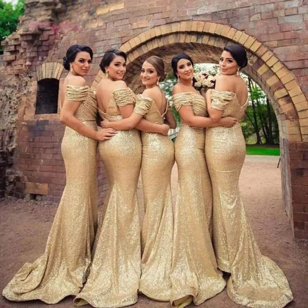 Elegant Gold Sequin Off-the-Shoulder Mermaid Bridesmaid Dresses for Wedding Party - Perfect for Formal Events, Evening Galas, and Special Occasions