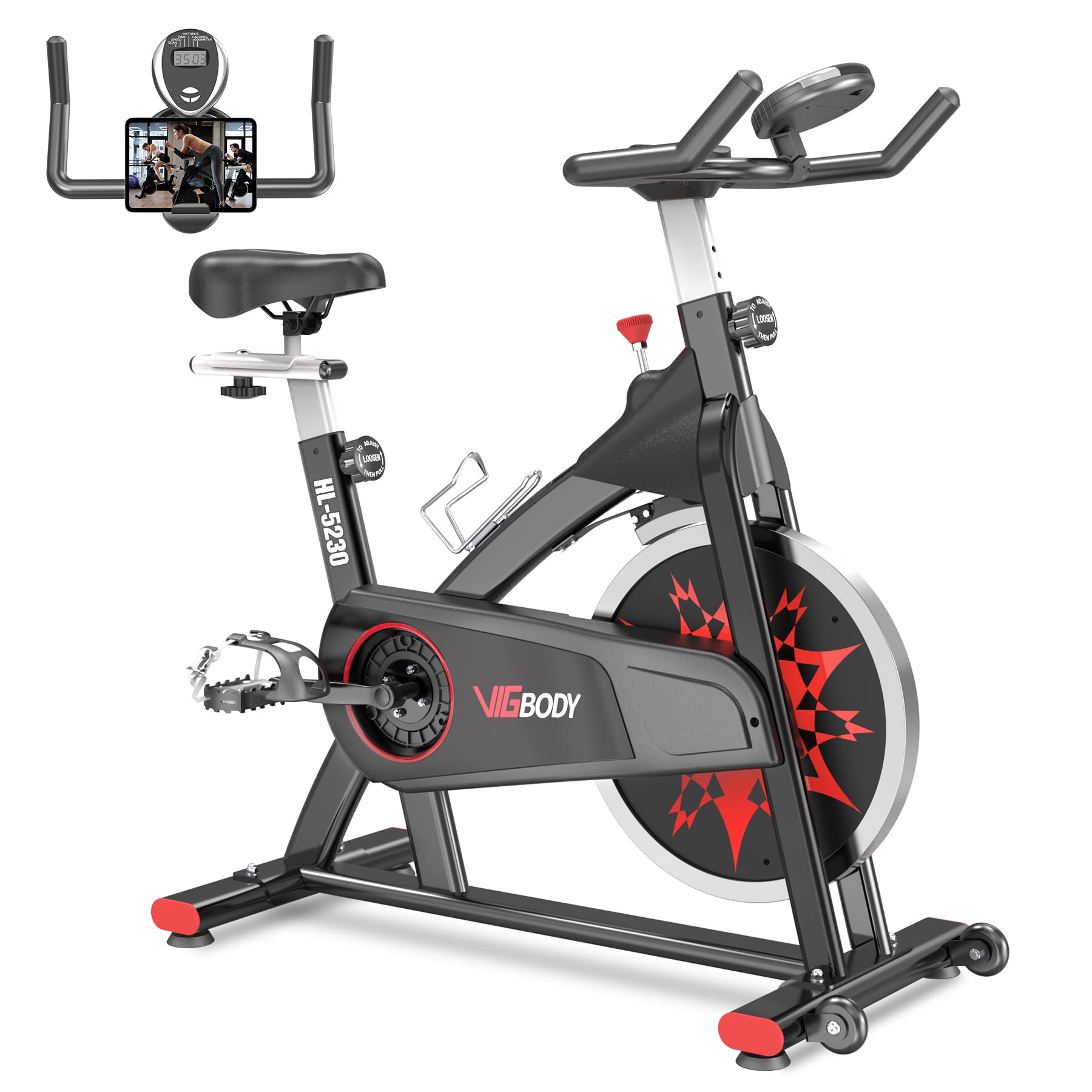 VIGBODY Stationary Exercise Bike for Home Gym - Indoor Cycling Bike with Comfortable Seat Cushion & LCD Monitor - Cardio Workout Equipment for Weight Loss & Fitness Training - Perfect for Home Office & Small Spaces