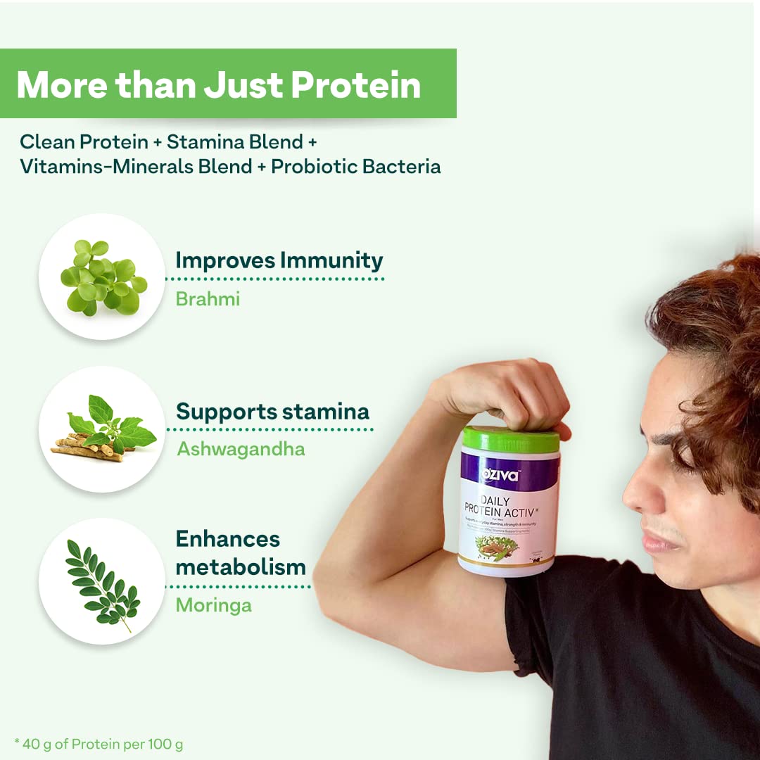 OZiva Daily Protein Activ for Men - 40g Protein per 100g with Probiotics | Muscle Building & Recovery Powder for Stamina & Energy | Chocolate Flavor 300g | Ideal for Post-Workout, Weight Training & Active Lifestyle