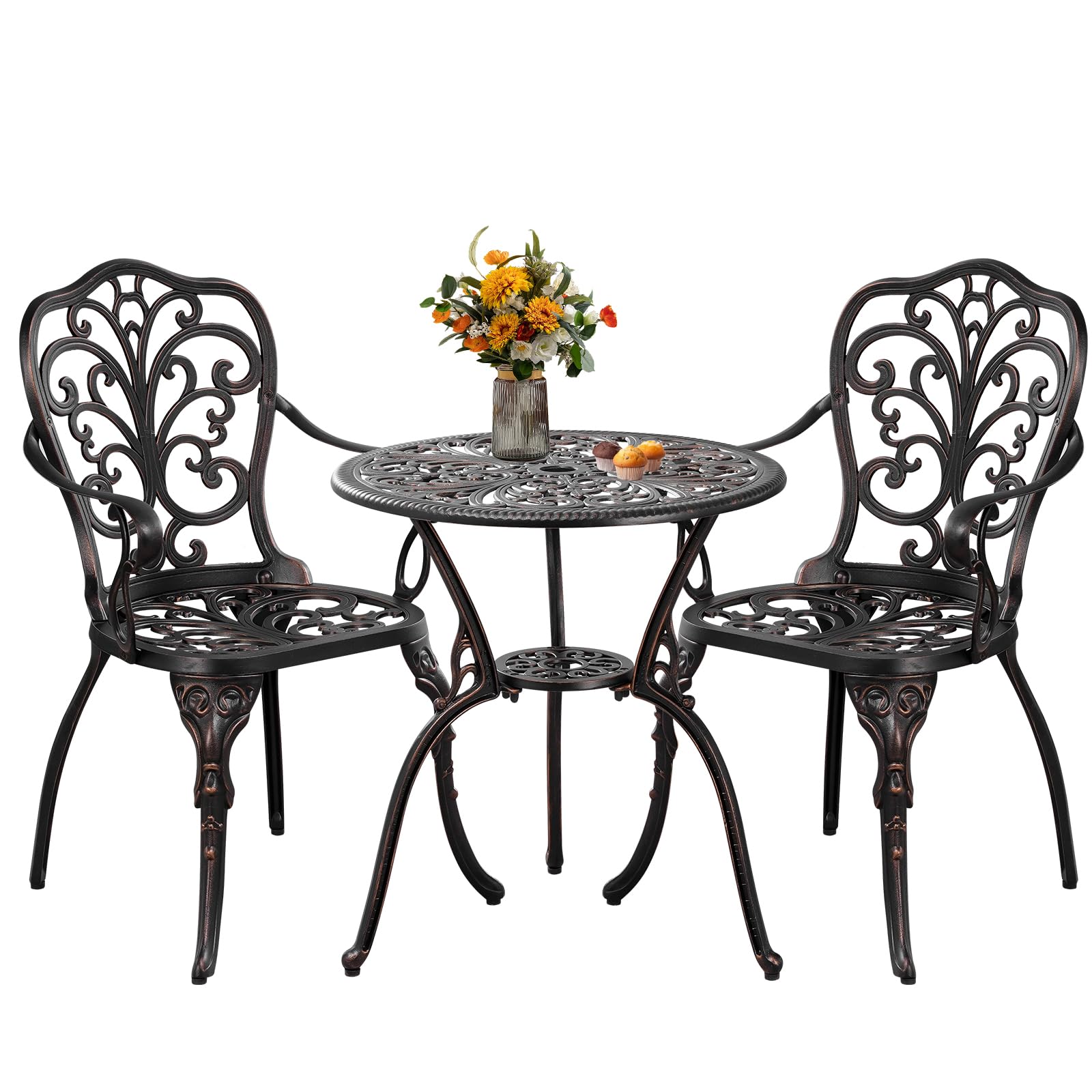 3 Piece Cast Aluminum Bistro Set - Bronze Outdoor Dining Table with 2 Chairs, Patio Furniture for Backyard, Balcony & Deck - Includes 1.97