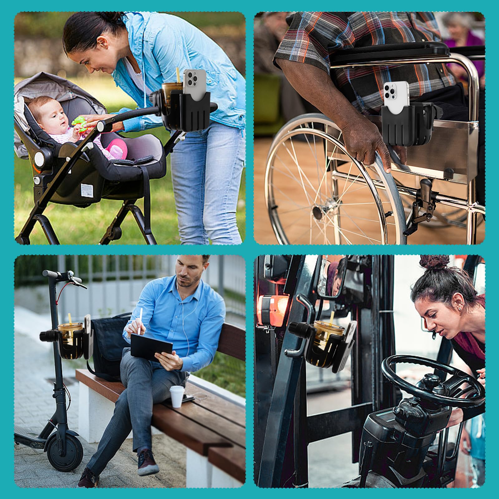 Universal 2-in-1 Stroller & Bike Cup Holder with Phone Pocket - Adjustable Drink Holder for Wheelchairs, Walkers, Scooters - Perfect Gift for Men, Women & Kids (Black) - Ideal for Outdoor Activities, Travel & Daily Commute
