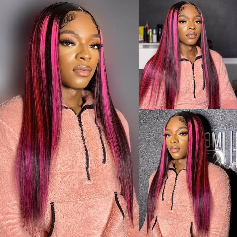 Eullair Red Blue Green Balayage Highlight Straight Lace Frontal Wig for Women - Peekaboo Highlights Human Hair Wig for Daily Wear & Cosplay