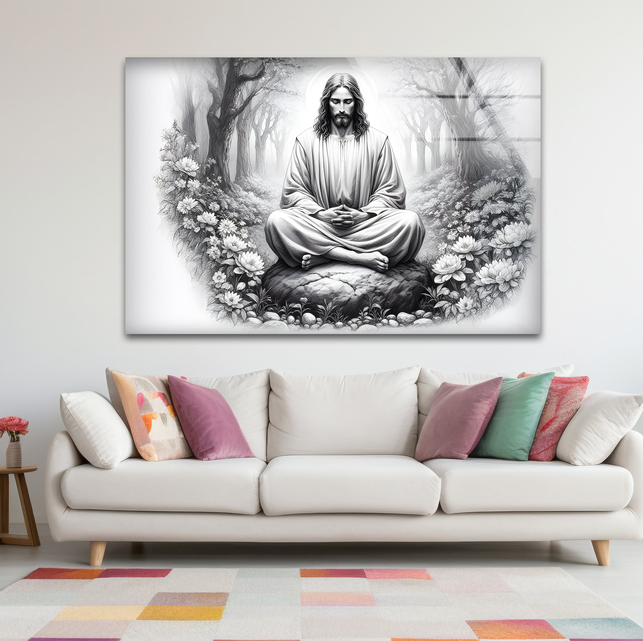 Black and White Jesus Glass Wall Art - Religious Home Decor for Living Room, Bedroom & Church