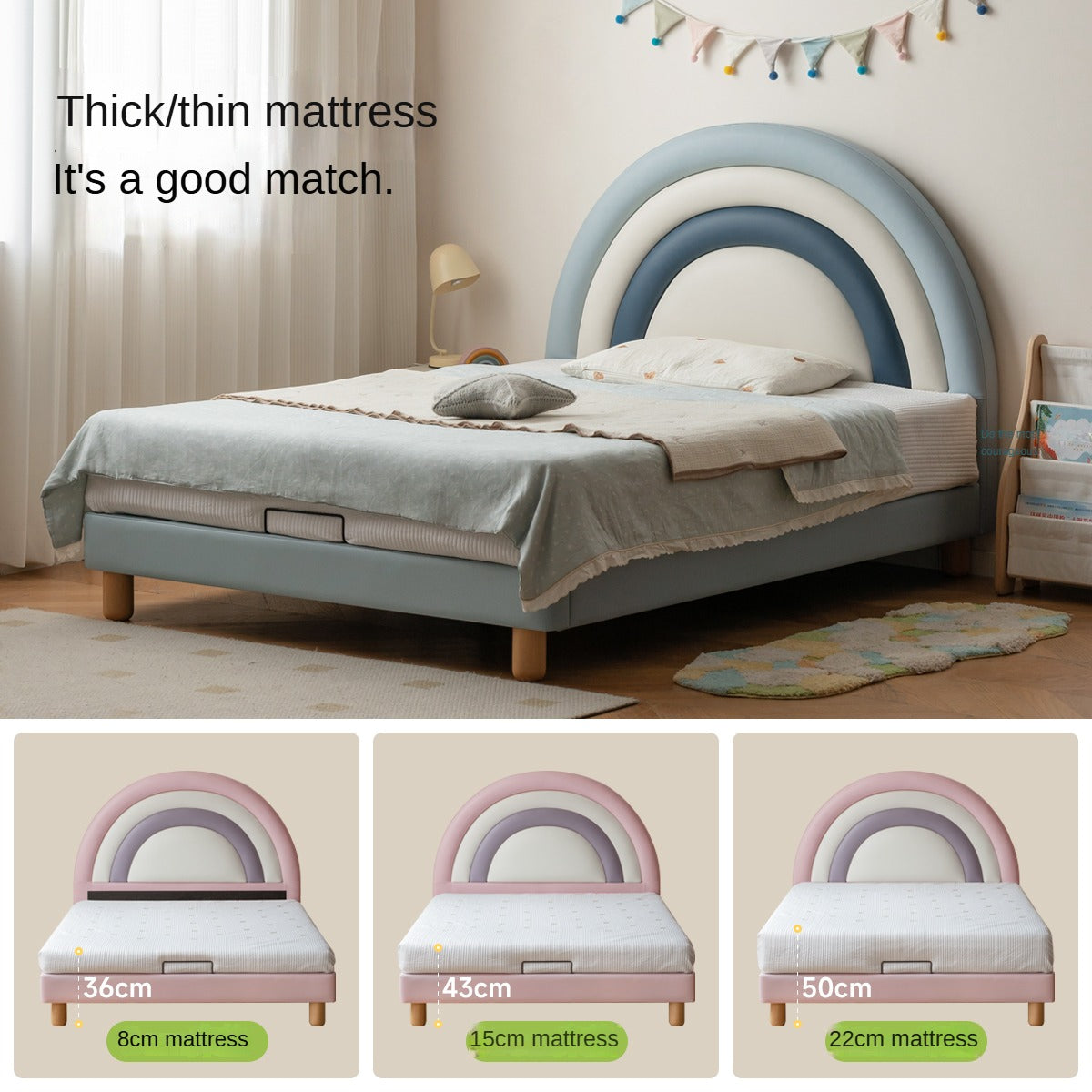 Organic Leather Kids Soft Rainbow Bed – Durable & Comfortable Toddler Bed for Boys & Girls – Perfect for Nursery, Bedroom & Playroom Decor