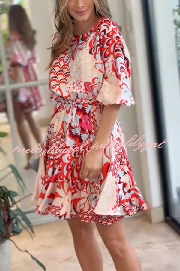 **Stylish Printed Round Neck Short Sleeve Waist Tie Mini Dress for Women - Perfect for Vacation, Beach, and Summer Outfits**
