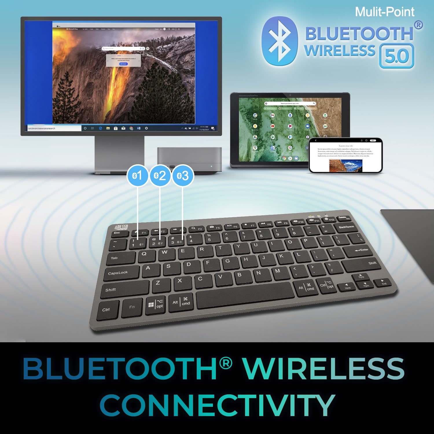 Adesso EasyTouch 7000 Multi-OS Bluetooth Keyboard - Wireless, Rechargeable, Quiet Scissor Switch Keys for Windows/Mac/iOS/Android - Perfect for Office, Home & Travel with AI Copilot Hotkey (Model WKB-7000BB)