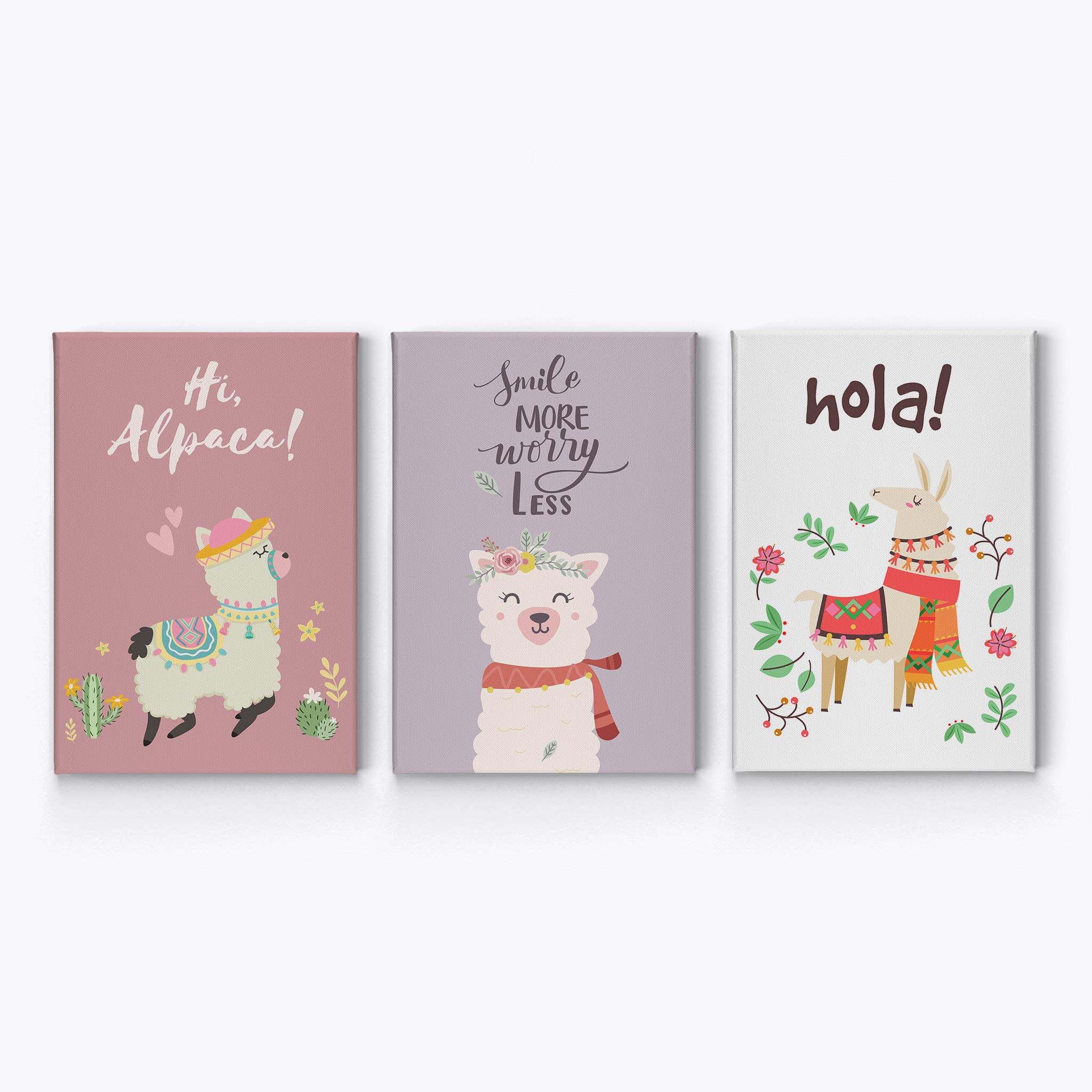 Cute Alpaca Canvas Print Set - 3 Piece Pink Purple White Wall Art for Kids Room Decor, Baby Boy & Girl Nursery - Made in USA (40x30 Inches, Rolled) | Perfect for Playrooms, Bedrooms & Gift Giving