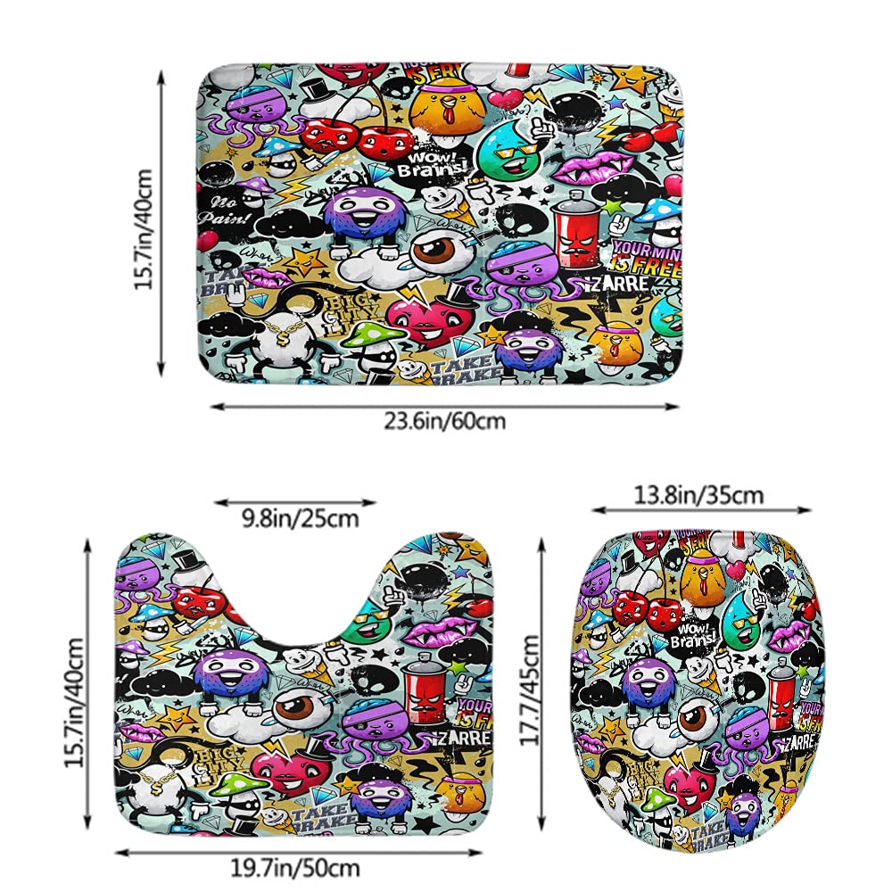 WONDERTIFY Non-Slip Bathroom Rug Set - 3-Piece Graffiti Design with Bizarre Elements (Bath Mat, Contour Mat, Toilet Lid Cover) - Perfect for Modern Bathrooms, Kids' Rooms & Unique Home Decor