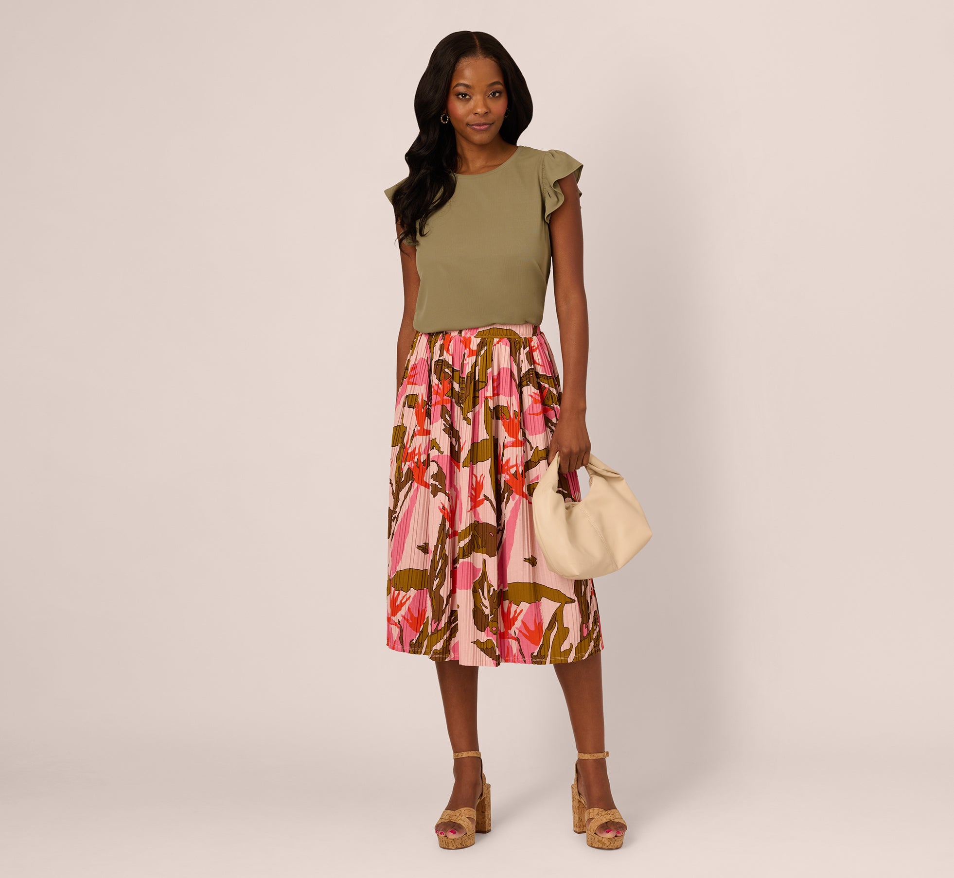 Micropleated Printed A-Line Midi Skirt in Pale Mauve Botanic Floral Print | Women's Casual Summer Skirt for Beach, Office & Date Night