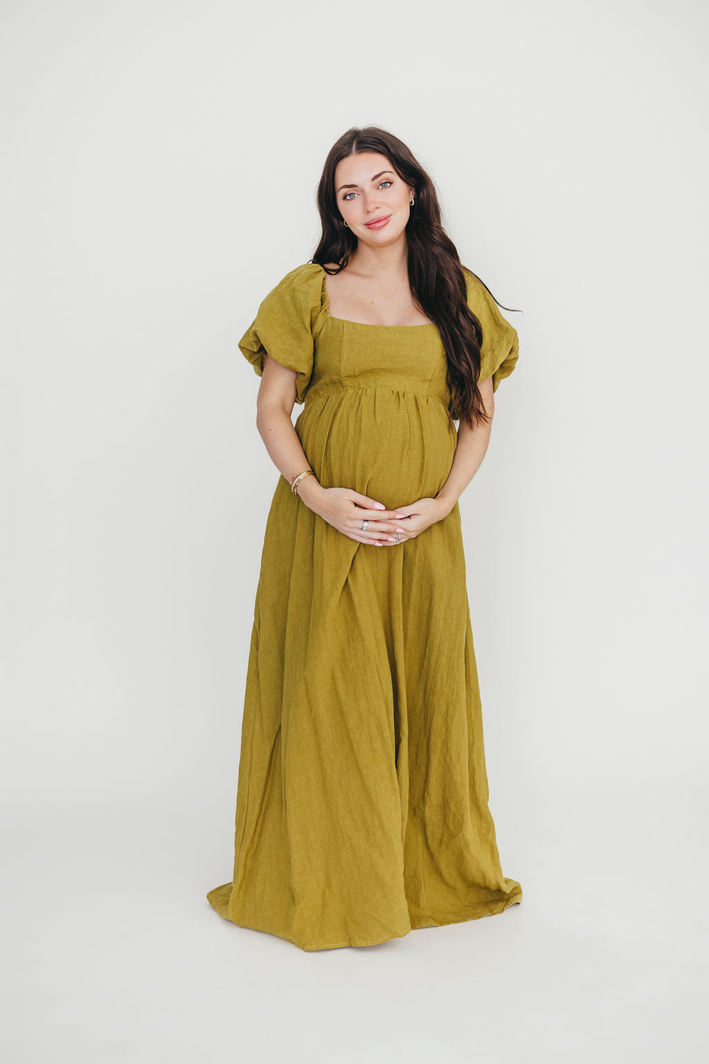 Candace Maxi Dress in Olive - 100% Linen Bump Friendly Maternity Dress for Women - Perfect for Summer, Beach, and Casual Outings