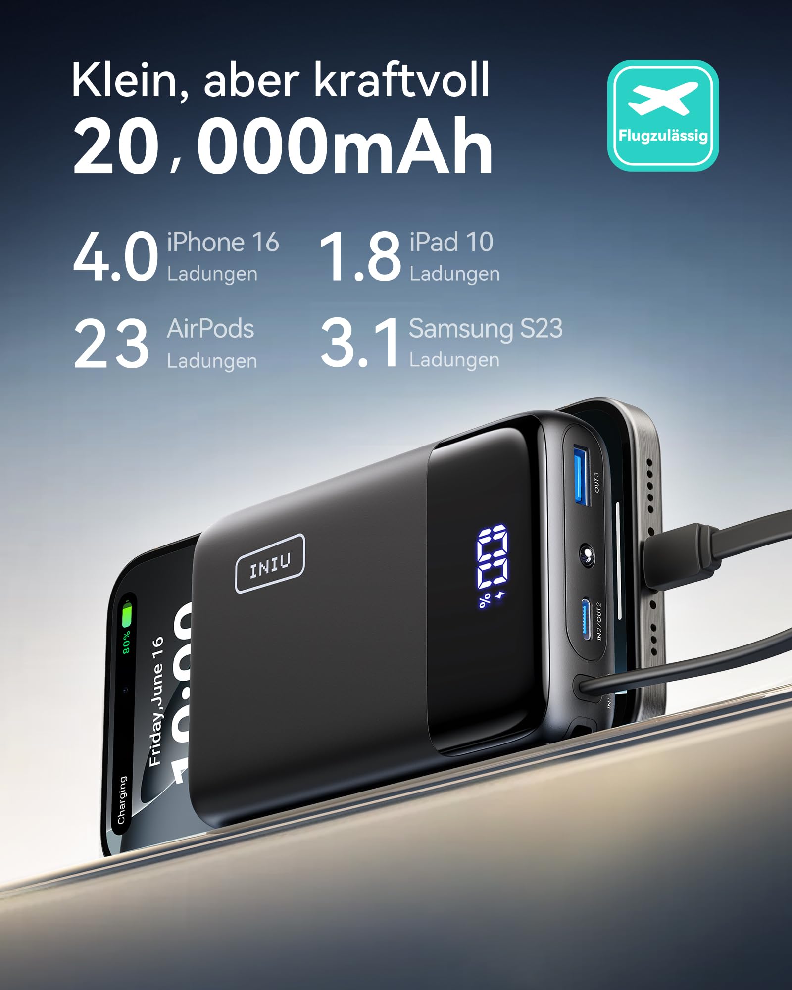 INIU 45W 20000mAh Mini Power Bank with Built-in USB-C Cable | PD 3.0 QC 4.0 Fast Charging | Compact & Powerful Portable Charger for iPhone 15/14/13/12 Pro Max, Samsung, iPad | Perfect for Travel, Camping & Daily Use