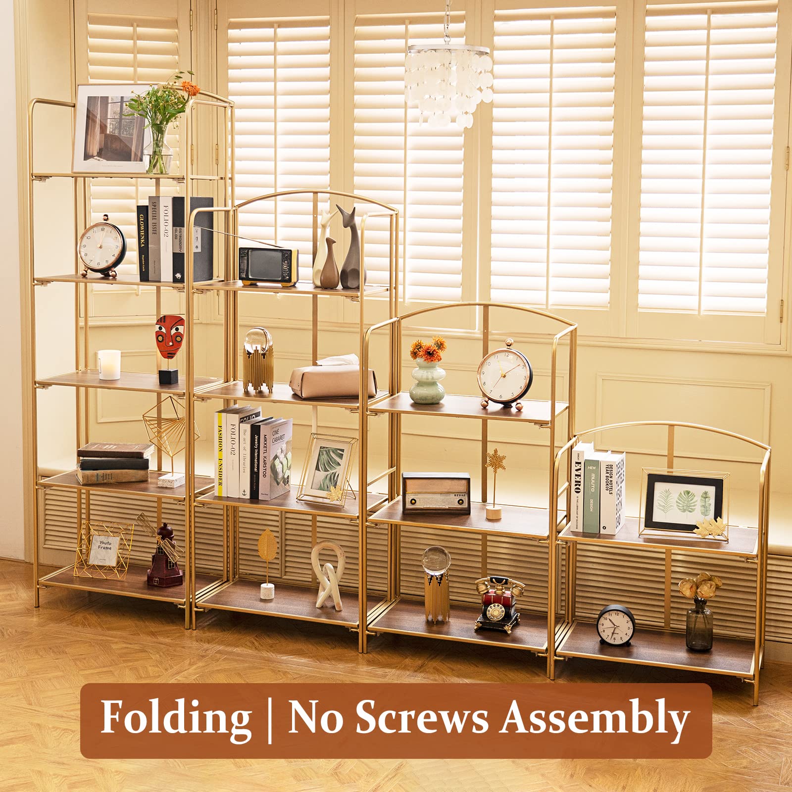 Crofy No Assembly Folding Bookshelf - 4 Tier Gold Collapsible Bookcase for Living Room & Home Office - Portable Storage Organizer for Books, Magazines & Decor - Perfect for Small Spaces & Room Organization