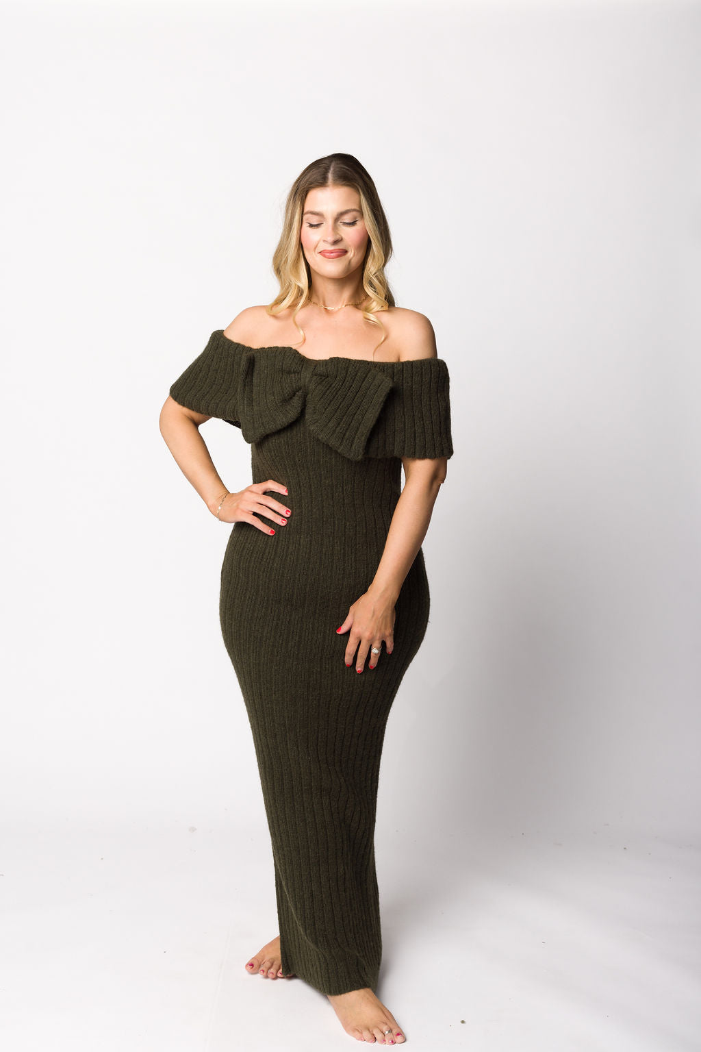 Aston Bow Front Maxi Sweater Dress in Dark Green - Bump Friendly Maternity Dress for Pregnancy, Nursing & Postpartum | Cozy Winter Outfit for Women