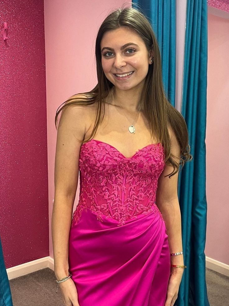 Fuchsia Lace Satin Ruched Mermaid Prom Dress J5937 - Elegant Formal Gown for Homecoming, Quinceañera & Evening Parties
