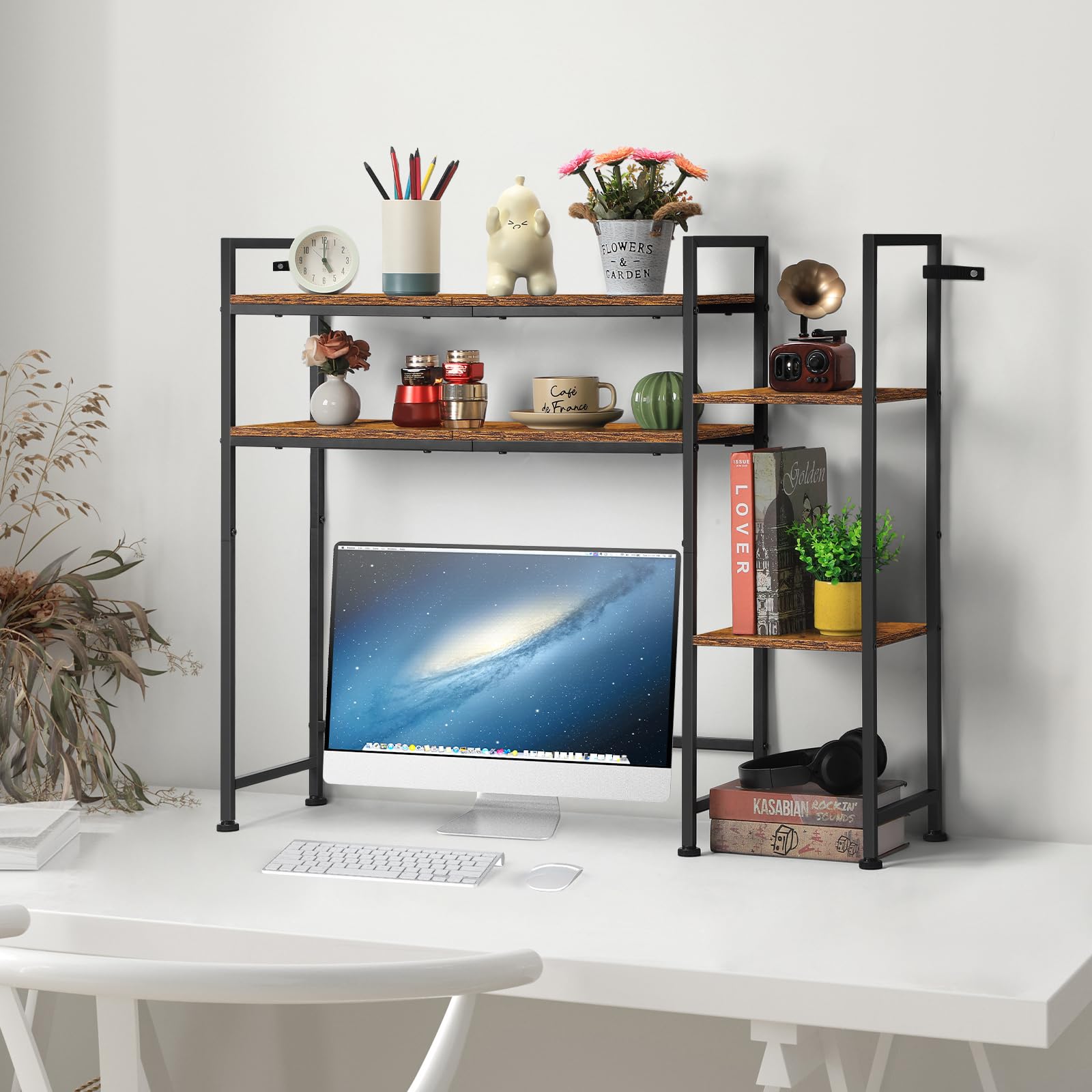 YBING 4-Tier Wooden Desktop Bookshelf & Desk Organizer - Rustic Brown Home Office Storage Shelf for Computer Desk, Hutch Dorm Display Rack | Perfect for Organizing Books, Office Supplies & Decor in Small Spaces