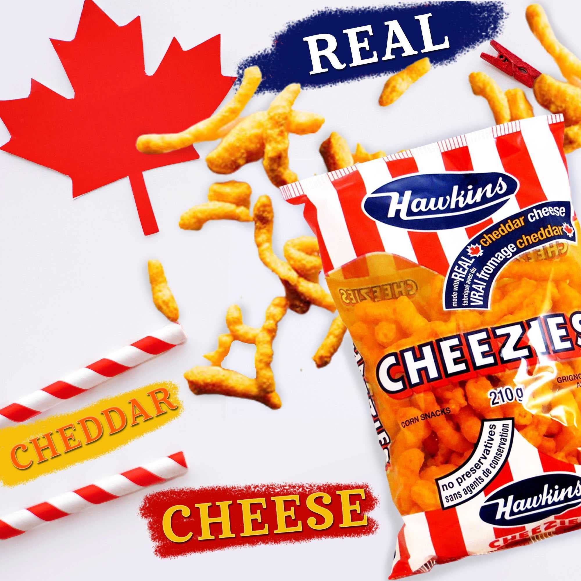 Hawkins Cheezies Canadian Snacks 210g x2pk - Crunchy Cheese Flavored Puffs - Perfect for Parties, Movie Nights & Office Snacks - Includes Free BoomQQ Sticker (Pack of 1)