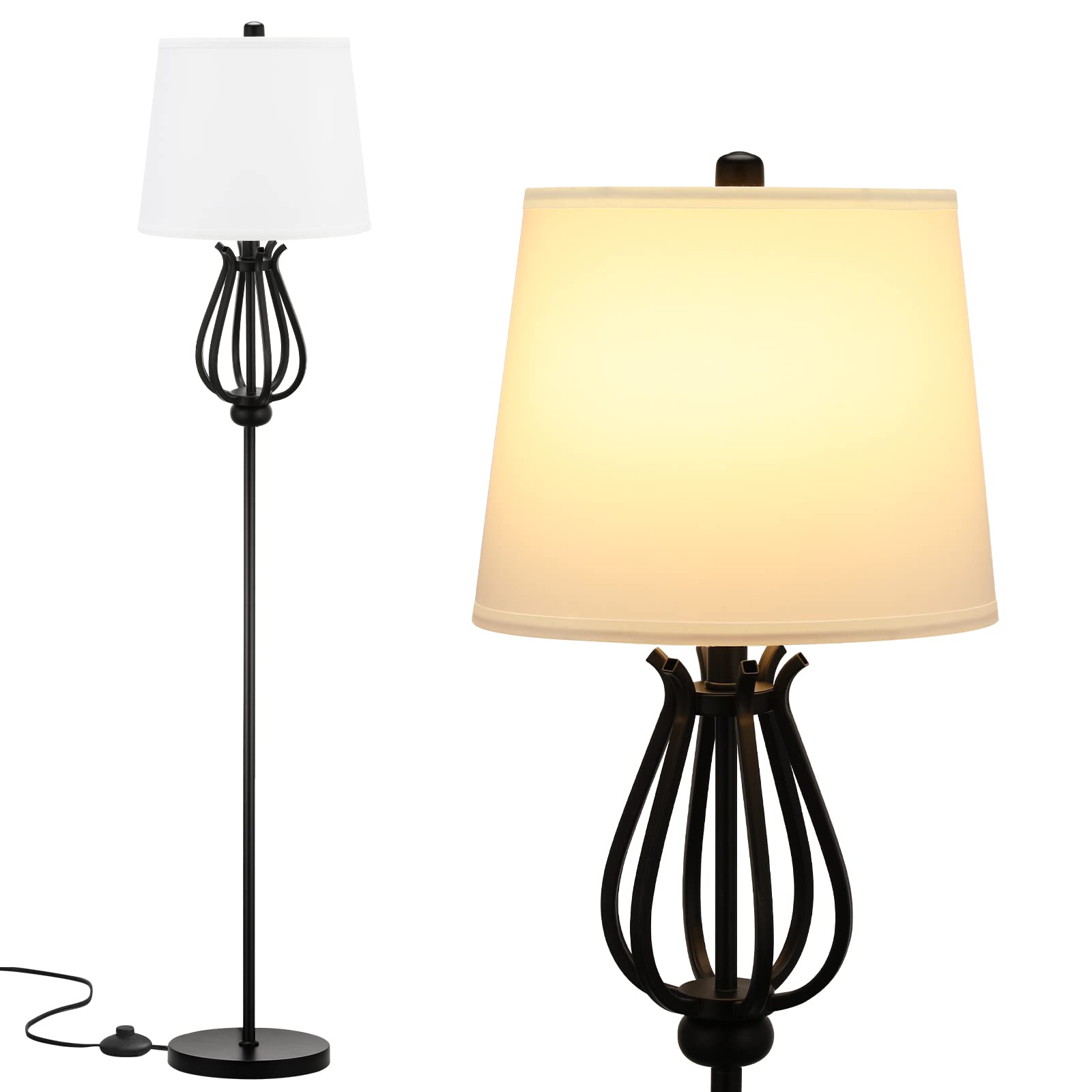 Modern Farmhouse Floor Lamp - Black Metal Pole with White Satin Shade for Living Room, Bedroom, Office & Study | Adjustable Standing Light for Cozy Reading & Home Decor Ambience