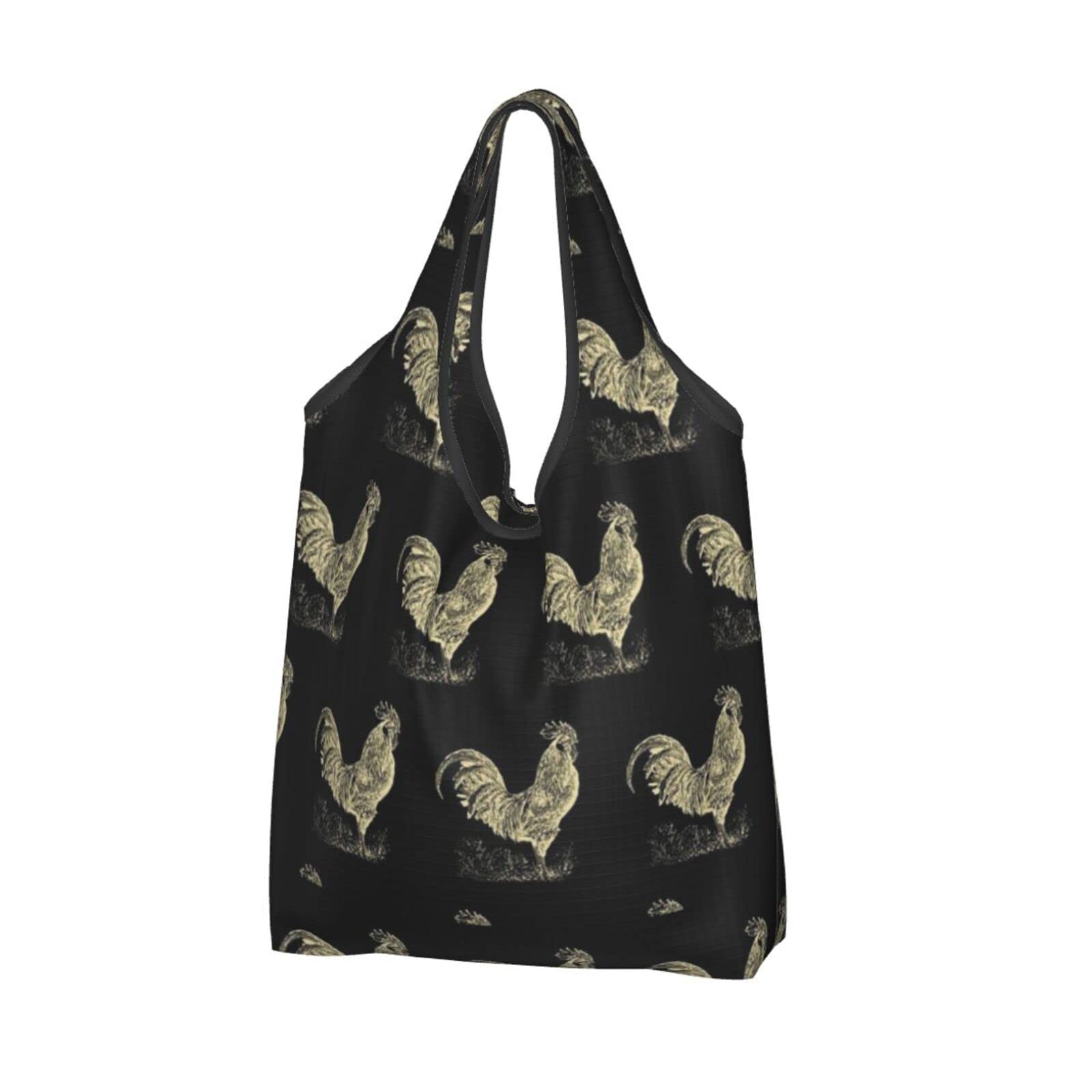 Eco-Friendly Reusable Grocery Tote Bag - Lightweight Foldable Washable Shopping Bag for Groceries, Beach, Travel & Daily Use - Rooster Black Design