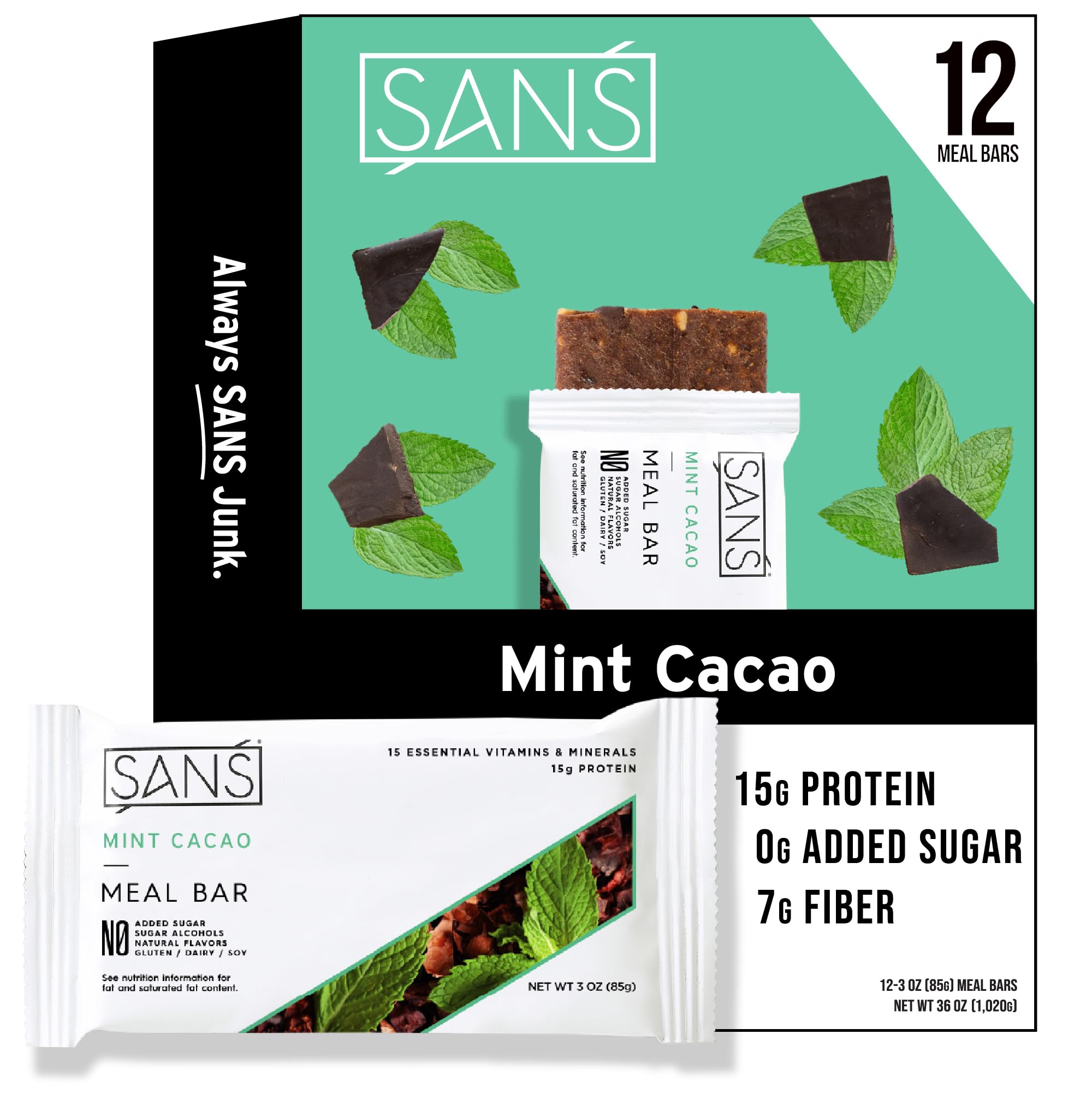 SANS Meal Replacement Protein Bar - Gluten Free, High Protein & Fiber Snack, No Sugar Added, Dairy & Soy Free, Mint Cacao Flavor (12 Bars) - Perfect for Workout Recovery, Weight Loss & On-the-Go Nutrition