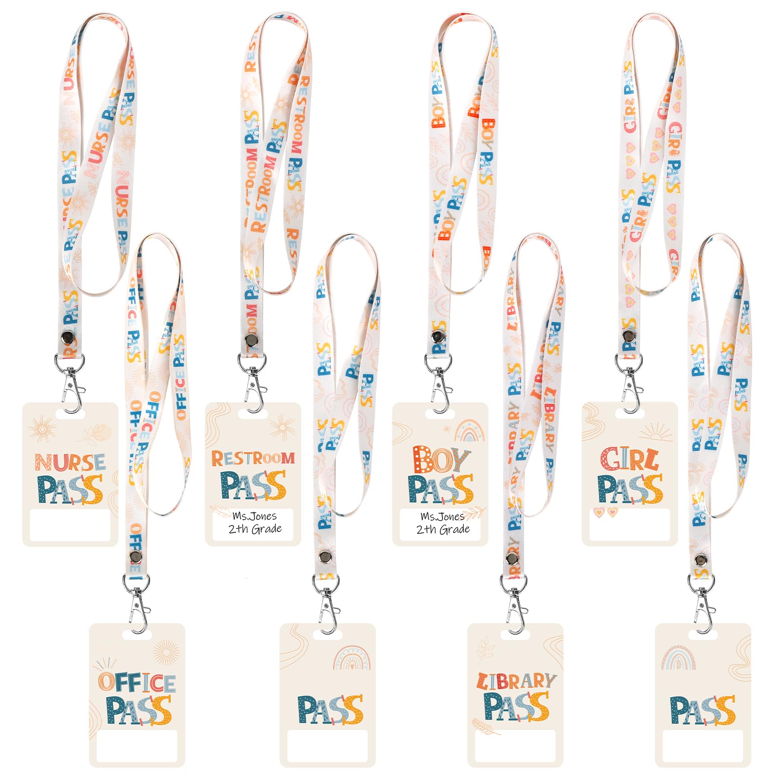 Boho Hall Passes for Classroom - 8 PVC Lanyards for School, Office & Nurse