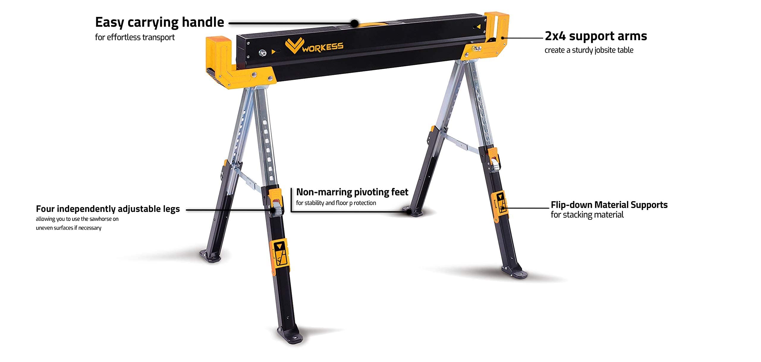 Heavy Duty Folding Saw Horses 2 Pack - 2600 Lbs Capacity, Adjustable Height 24-32 Inch with 2x4 Support Arms - Portable Workbench for Woodworking, Construction & DIY Projects - Easy Grip Handle & Foldable Legs for Compact Storage