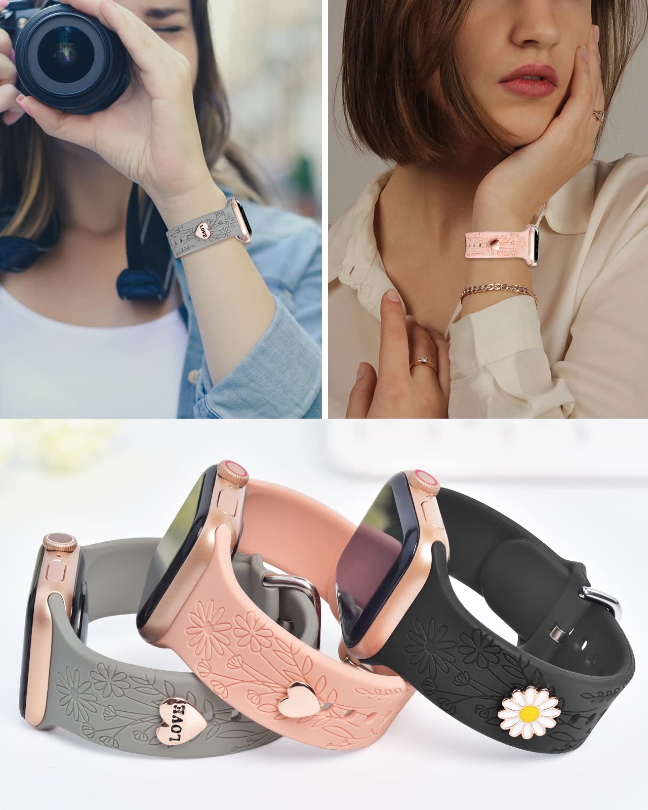 Floral Engraved Apple Watch Bands with Charms - Soft Sport Silicone Replacement Strap for iWatch Series SE/8/7/6/5/4/3/2/1 - 38mm 40mm 41mm Women's Wristbands - Perfect for Workouts, Daily Wear & Fashion Accessories