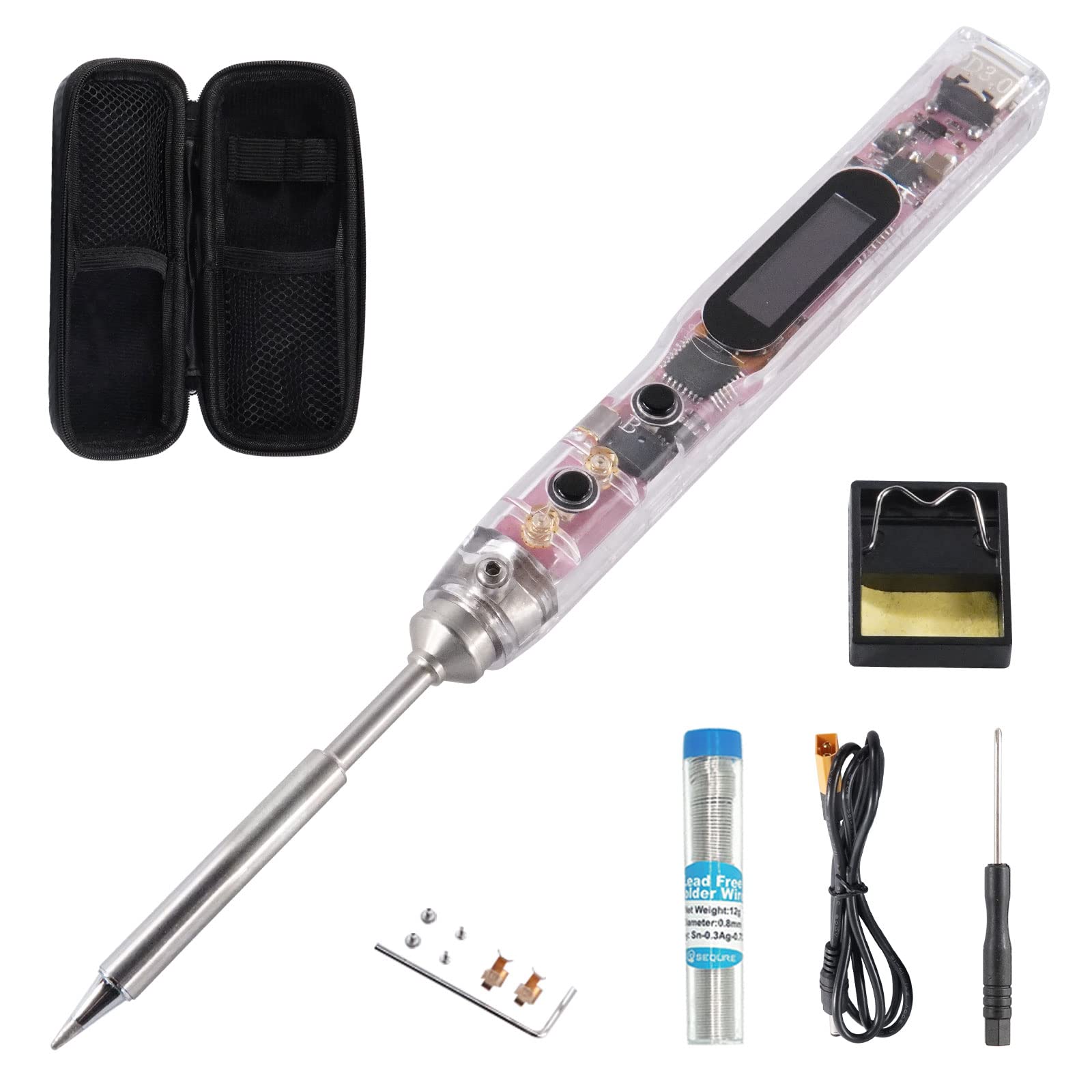 68W Electric Soldering Iron Kit with OLED Screen - SEQURE SI012 Portable Digital Soldering Tool with Auto Heating, XT60 Cable, 19V Adapter & Storage Bag (Includes TS B2 Tip & Tin Wire) - Perfect for Electronics Repair, DIY Projects & Outdoor Use (Pink)