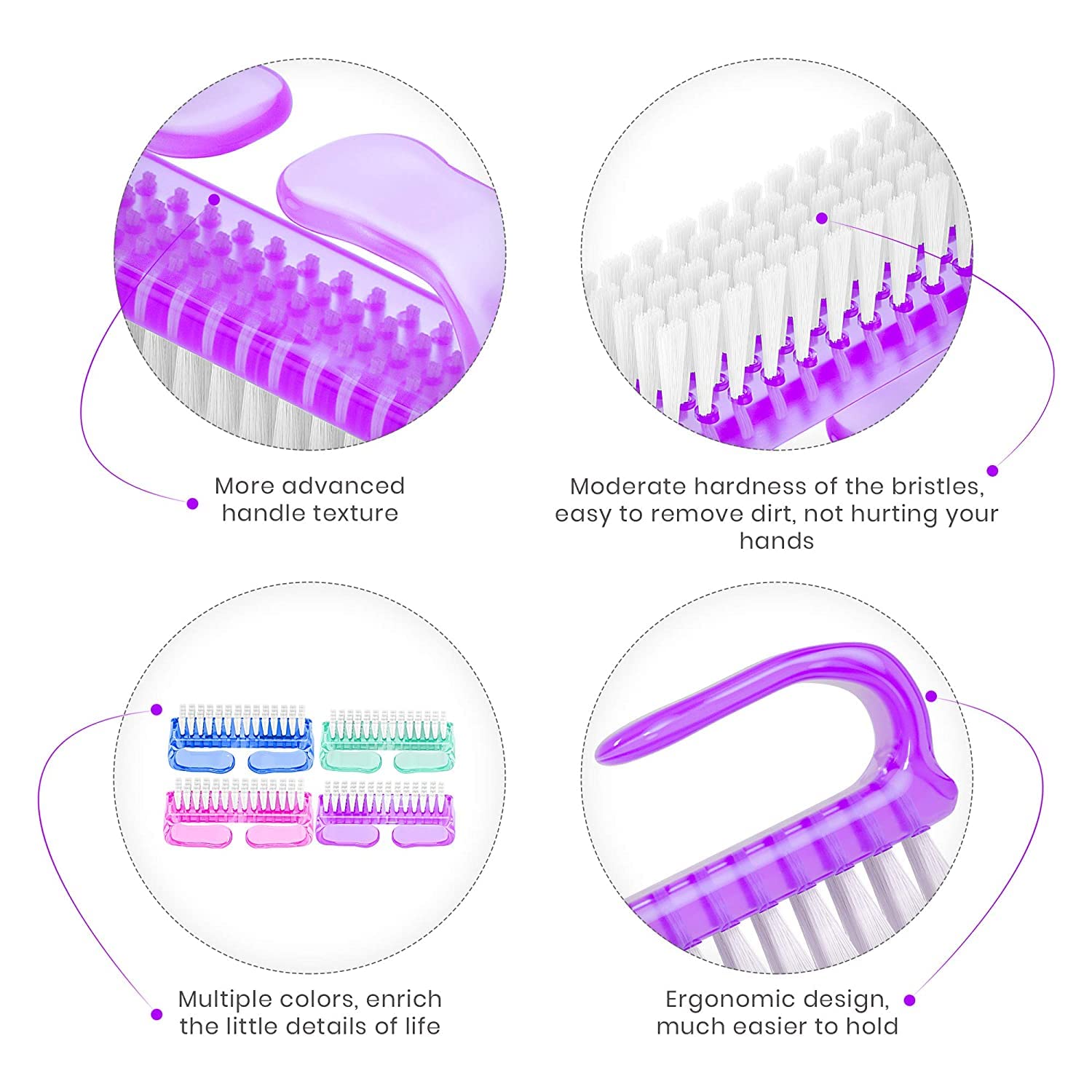 Professional Nail Cleaning Brush Set - 4 Pack Durable Nail Scrubber with Ergonomic Plastic Handle for Hands & Feet - Gentle Nail Cleaner Brush for Toenails & Fingernails - Perfect for Home, Salon, Travel & Pedicure Care