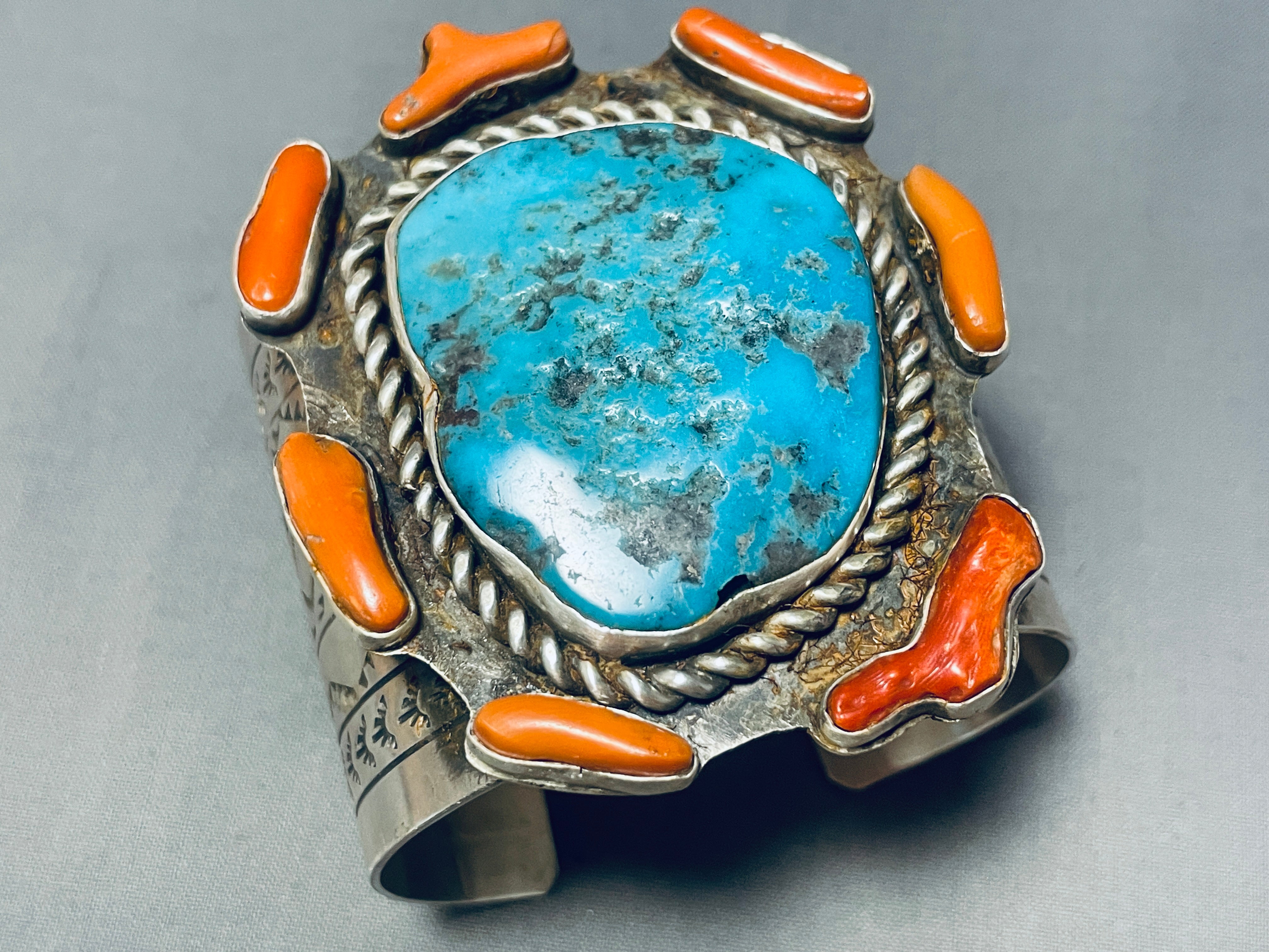 147g Genuine Native American Navajo Turquoise & Coral Sterling Silver Bracelet - Handcrafted Jewelry for Women, Boho Chic Accessory for Casual & Formal Wear
