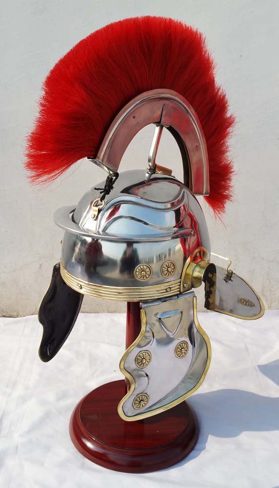 Shiv Shakti Enterprises Roman Centurion Helmet - Medieval Brass Accented Officer Helmet with Red Plume | Costume, Reenactment, Theater & Historical Display