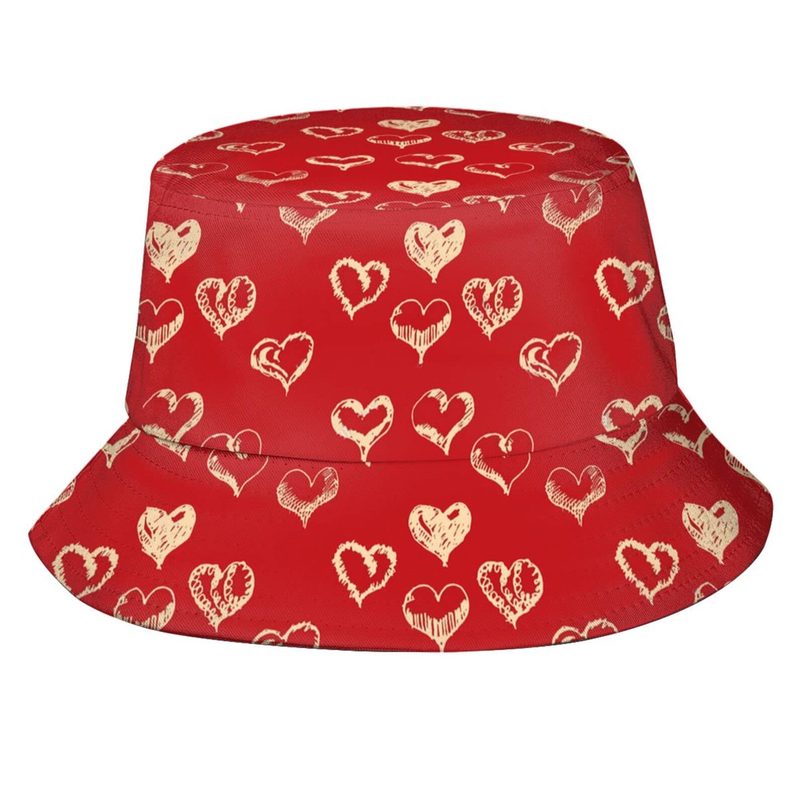 Valentine's Day Bucket Hat - Red Heart Print Summer Sun Hat for Women & Men, Wide Brim Beach Hat for Outdoor Travel, Picnic, and Festival Use