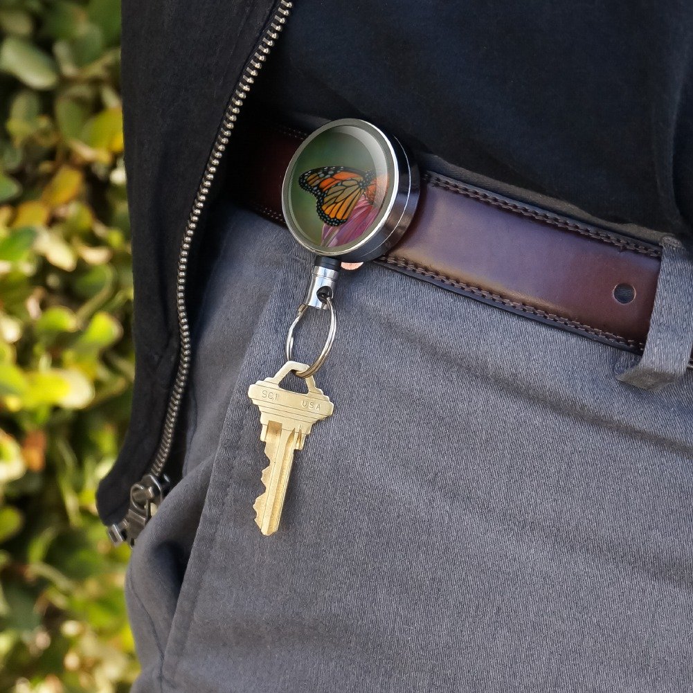 Monarch Butterfly & Coneflower Metal Retractable ID Badge Holder - Heavy Duty Key Card Reel with Belt Clip - Perfect for Office, Security, and Healthcare Professionals
