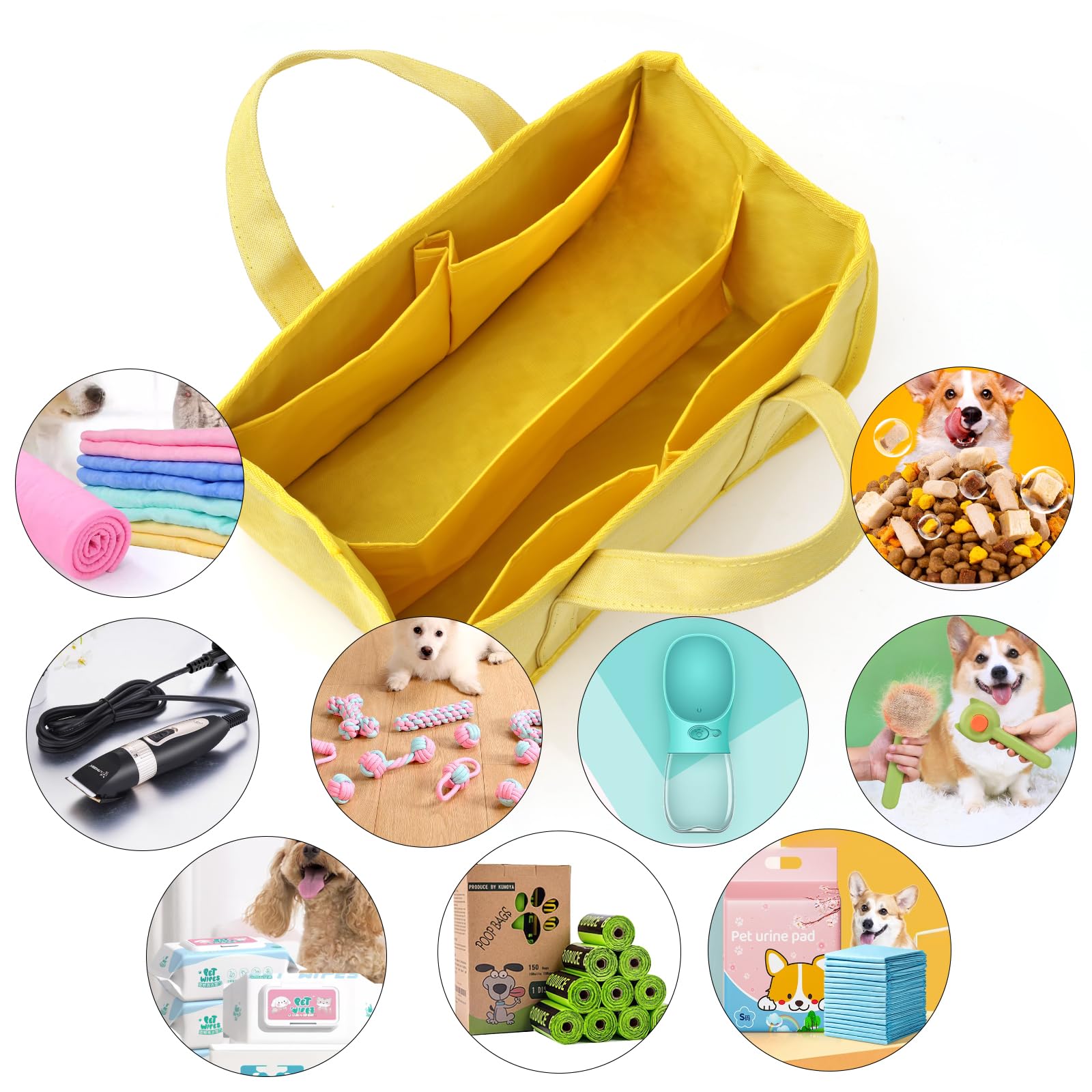 GUANJUNX Pet Grooming Bag - 6 Pocket Organizer for Dog Supplies & Food - Travel & Outdoor Use (Yellow)