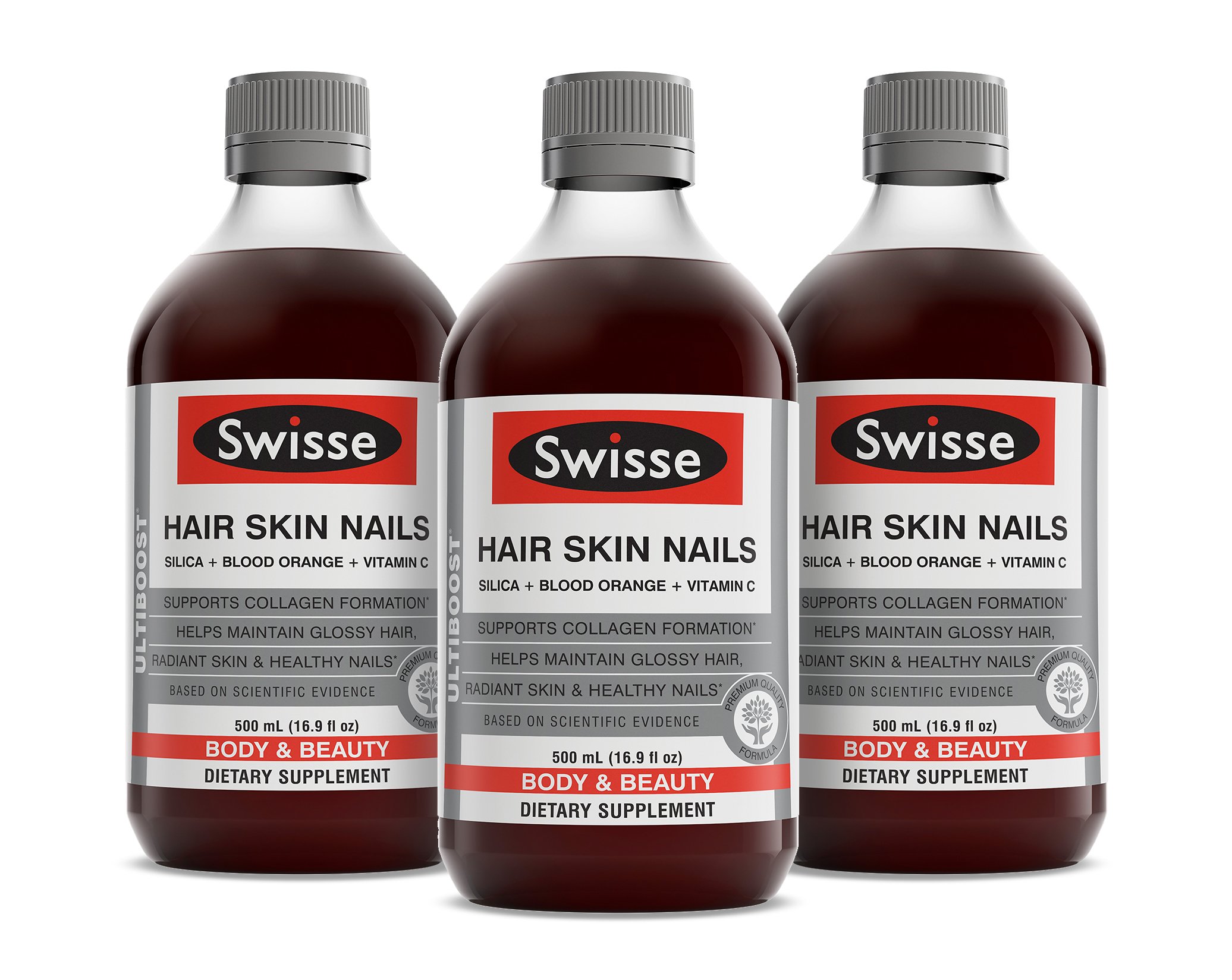 Swisse Ultiboost Hair Skin Nails Liquid Supplement - 3 Pack (500ml/Bottle) with Vitamin C, Iron & Zinc for Collagen Support | Promotes Healthy Hair Growth, Glowing Skin & Strong Nails | Beauty & Wellness Supplement for Women & Men | Perfect for Daily Beauty Routine & Self-Care