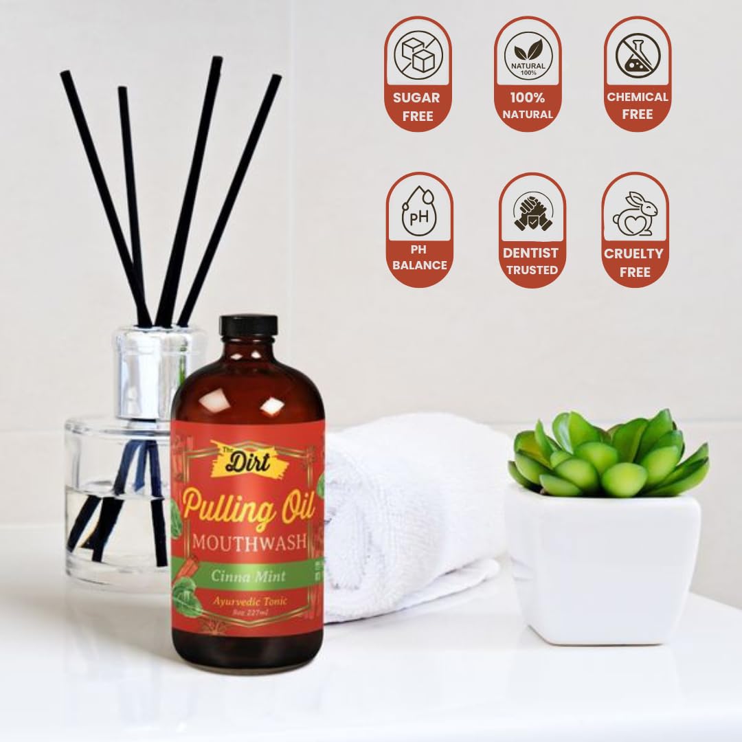 THE DIRT Oil Pulling Mouthwash - Gluten Free, Plaque & Tartar Remover, Bad Breath Treatment & Teeth Whitening - Cinnamon Mint Flavor (8 oz) - Ideal for Daily Oral Care & Natural Teeth Whitening at Home