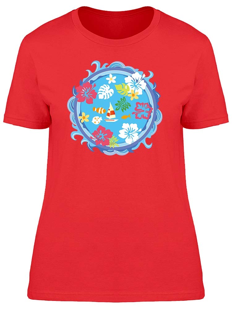 Women's Summer Paradise Doodles Graphic T-Shirt - Red Casual Short Sleeve Tee for Beach Vacation, Music Festivals & Everyday Wear