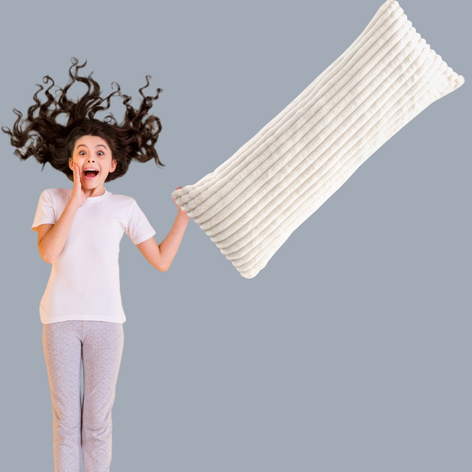 MAXYOYO Ultra Soft Striped Faux Fur Body Pillow for Adults - 20x54 Inch Long Hugging Pillow for Side Sleepers & Pregnancy Support (White) - Perfect for Bed, Couch & Home Comfort