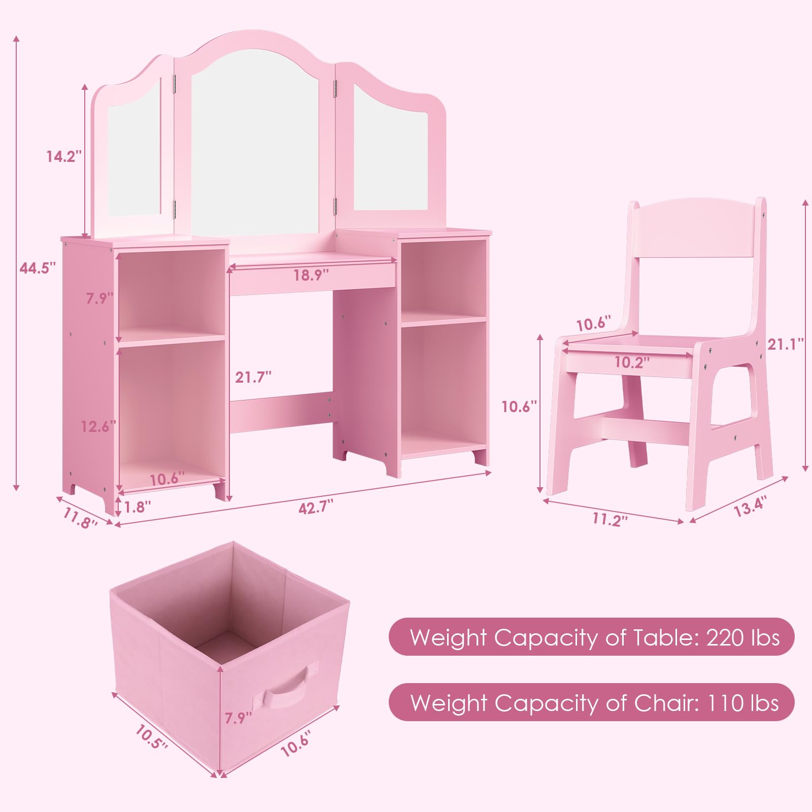 Arlopu Pink Wooden Kids Vanity Set with Tri-Folding Mirror & Stool - Princess Dressing Table for Toddler Girls, Makeup Play Table with Canvas Drawer - Perfect for Birthday Gifts, Pretend Play & Bedroom Decor
