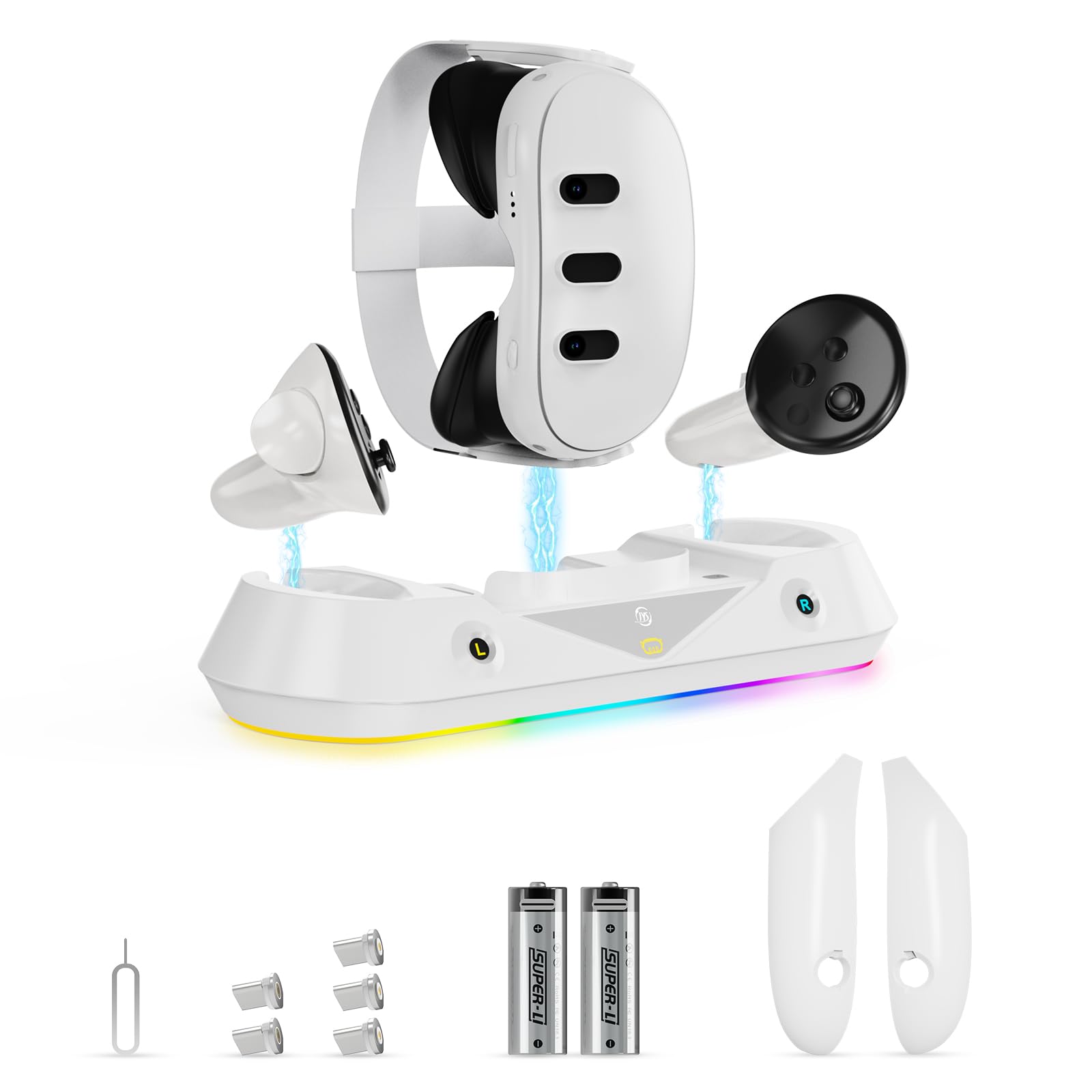 Fast Charging Dock for Oculus Meta Quest 3 - Magnetic Charging Station with RGB LED Light for Quest 3 Headset & Controllers - Includes 2 Rechargeable Batteries - Perfect for VR Gaming & Entertainment Setup
