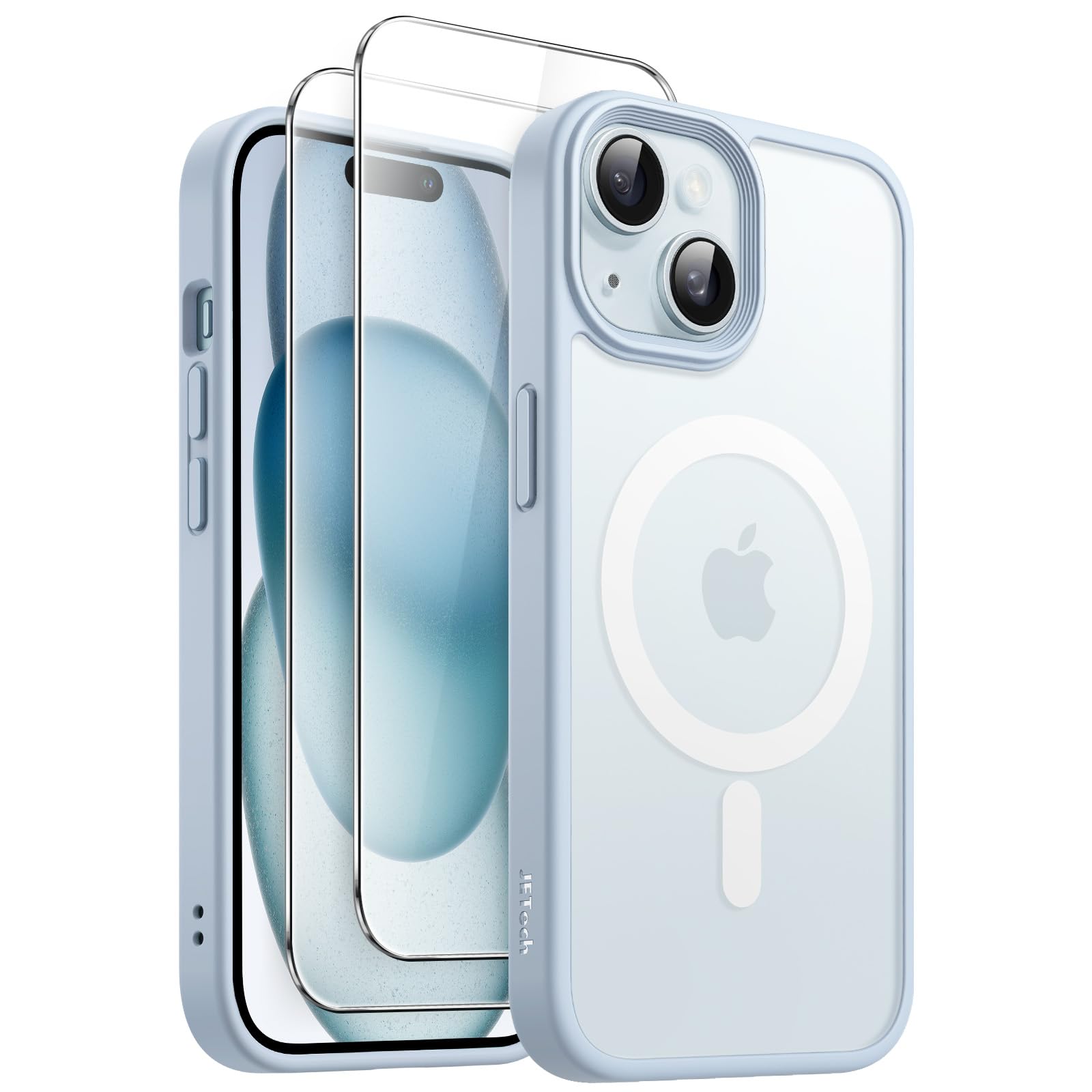 JETech 3 in 1 Magnetic Case for iPhone 15 6.1-Inch | 2 Pack Tempered Glass Screen Protectors | MagSafe Compatible | Translucent Matte Shockproof Cover (Blue) | Perfect for Work, Travel & Everyday Protection
